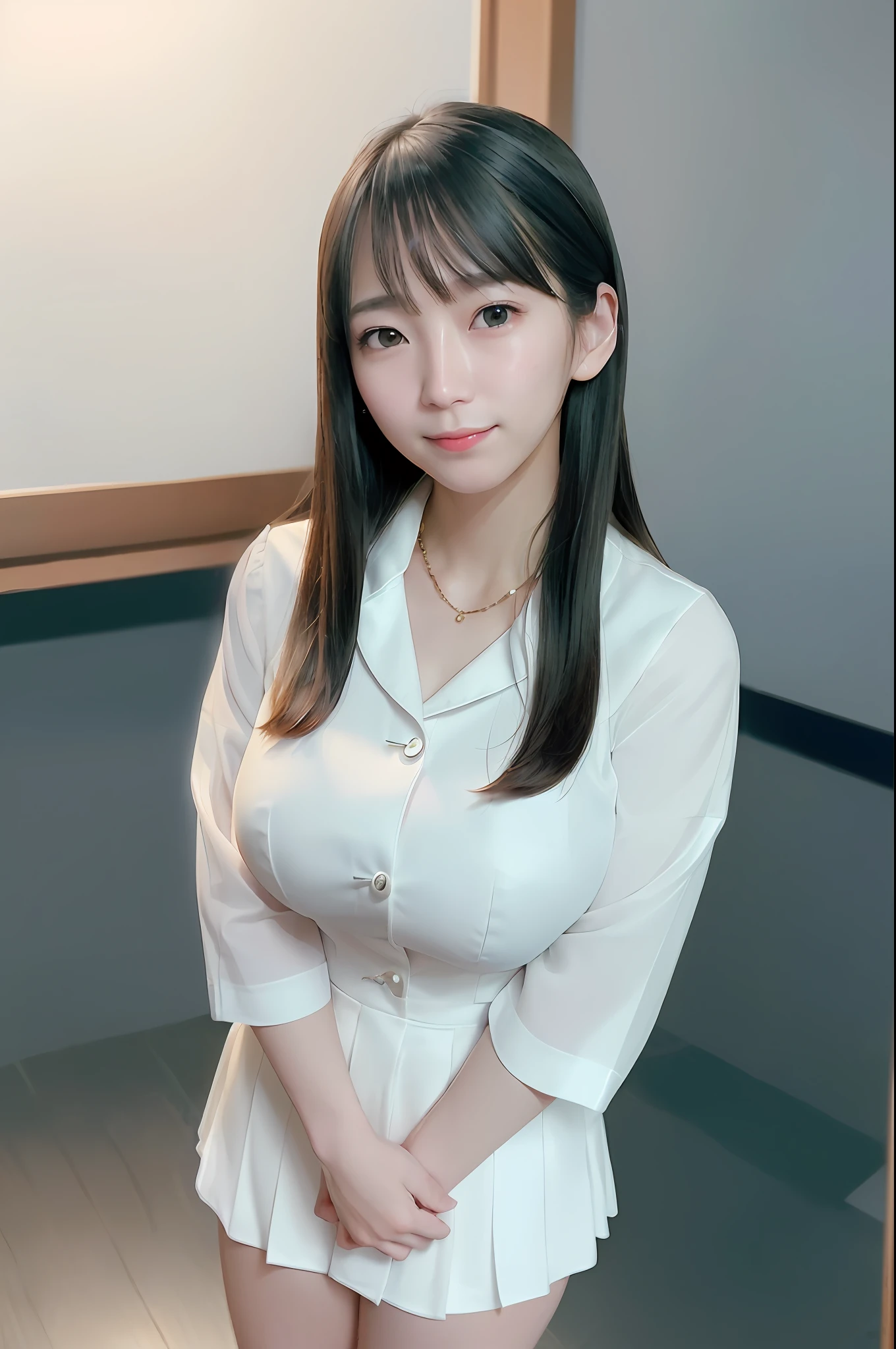 (Skin Blemishes: 1.2), (Skin Dent), Black Eyes, 1 Woman, 21 years old, ((((Female))), Solo, Realistic, Best Quality, Photorealistic, Masterpiece, 8K, High Resolution, Solo, Highly Detailed Face, (Professional Lighting, Bokeh), (Light Particles, Lens Flare, Luminous Particles: 0.6), (Dynamic Pose: 1.2), Soft Lighting, Angle View from Above Fashionable and trendy atmosphere, Japan, street, Tokyo, city, midsummer, ((daytime)), sky, ((viewer's perspective: 1)), (camera perspective), (portrait: 0.6), cowboy shot, gorgeous, standing figure, keep original facial proportions, delicate, full body, (huge breasts), (long hair), black hair, floating hair, lips, lipstick, seductive smile, floating hair, smile, open mouth(Sailor Uniform), (Japan School Uniform), Eyelashes, Moles, (Moles Under Eyes:1), Slim, Side-Eyed, Prism in Hair, One Small Necklace, Skindentation, ((Slim Skinny Body)), Neat, Emphasizing cleavage, Fishing Eyes