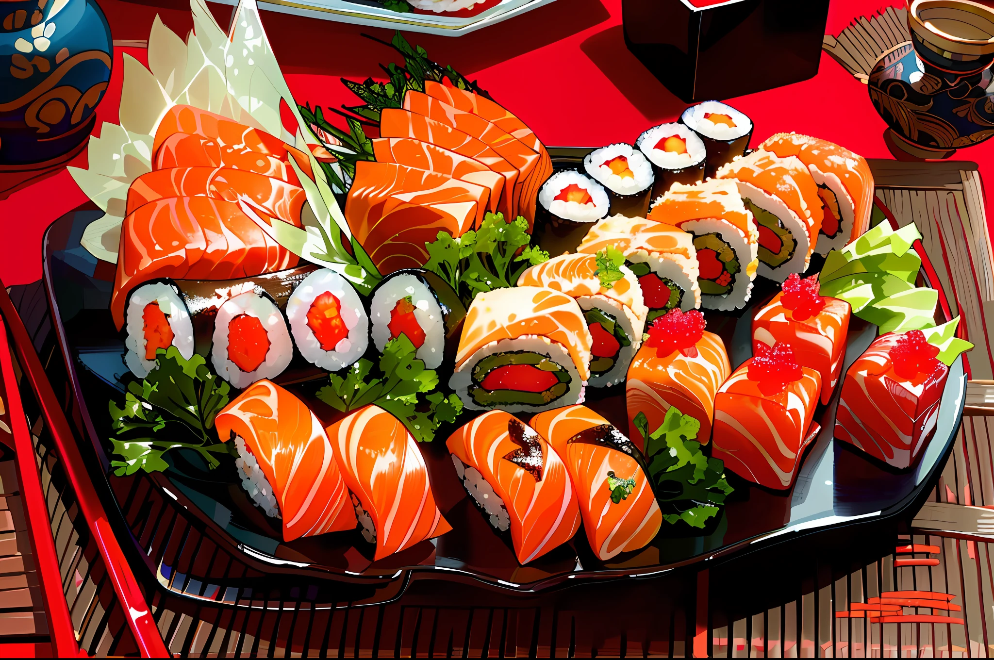 araffy platter of sushi and rolls on a red table, sushi, eating sushi, japanese fusion cuisine, delicious food, yummy, japanese, amazing food photography, russian and japanese mix, imari, high quality food photography, high quality picture, super realistic food picture, anime food, eating, koi, food photography”, by Josetsu, highly stylized, salmon