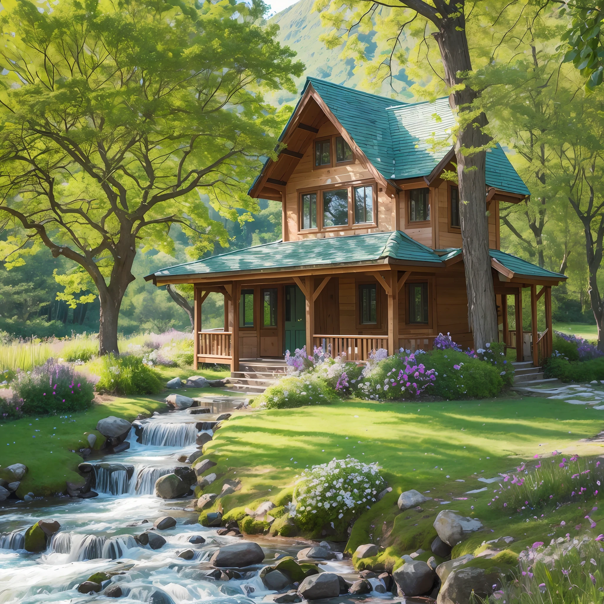 A serene, emerald-green meadow stretches out as far as the eye can see. The grass is lush and vibrant, swaying gently in the breeze. In the center of the meadow stands an ancient, gnarled tree with sprawling branches that reach towards the sky. The tree is majestic and wise, its trunk adorned with moss and small, colorful flowers. Sunlight filters through the leaves, casting dappled patterns on the ground below. In the distance, majestic snow-capped mountains rise into the clear blue sky. Birds soar overhead, and a small stream winds its way through the meadow, its crystal-clear waters reflecting the beauty of the surroundings. The scene is filled with a sense of tranquility and possibility, inviting the viewer to step into this enchanting world and explore its secrets. --auto --s2