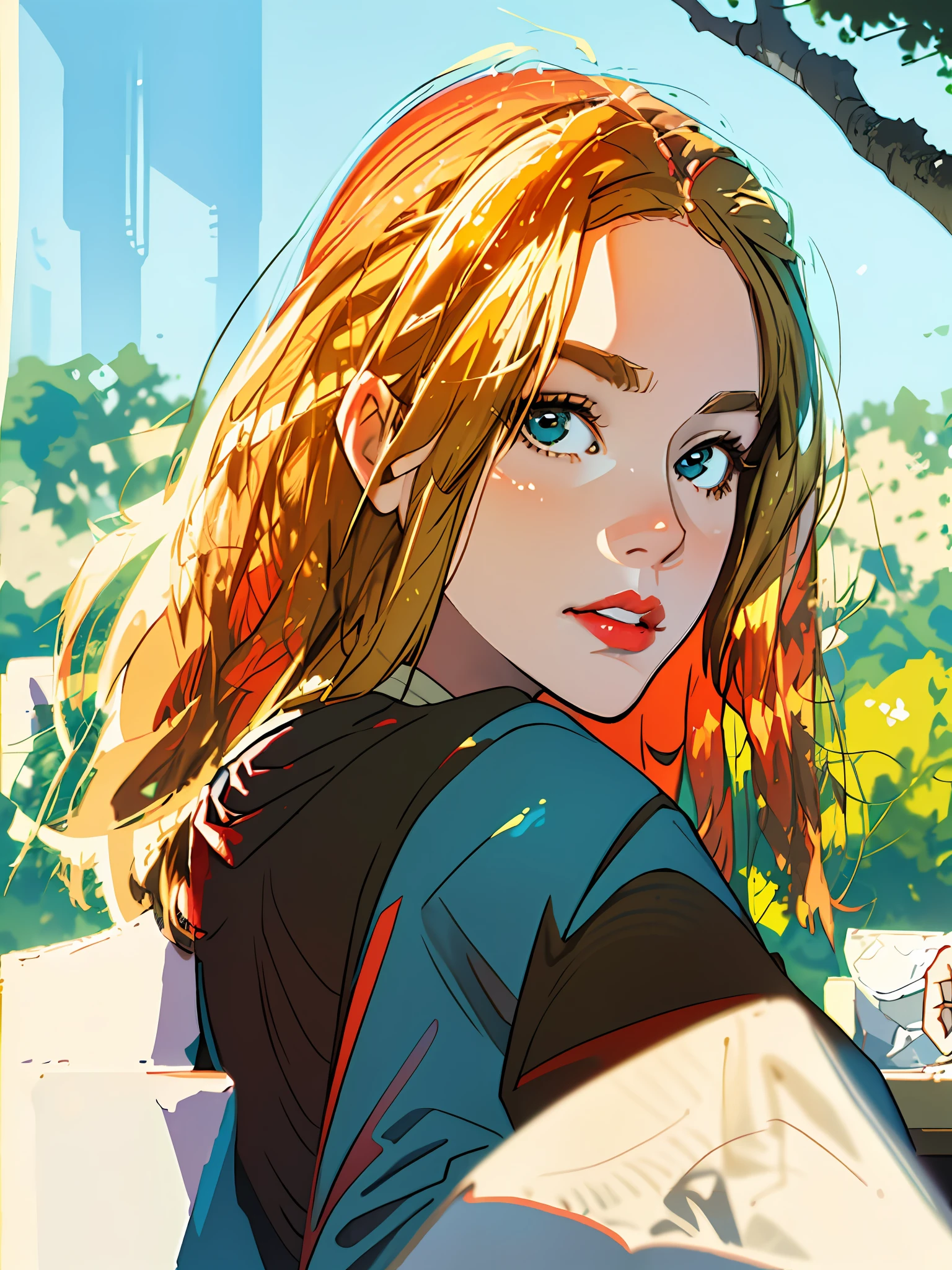 HD, (Best Detail) (Best Quality), blonde woman sitting on bench in front of tree with red lipstick, (Zelda), blonde hair