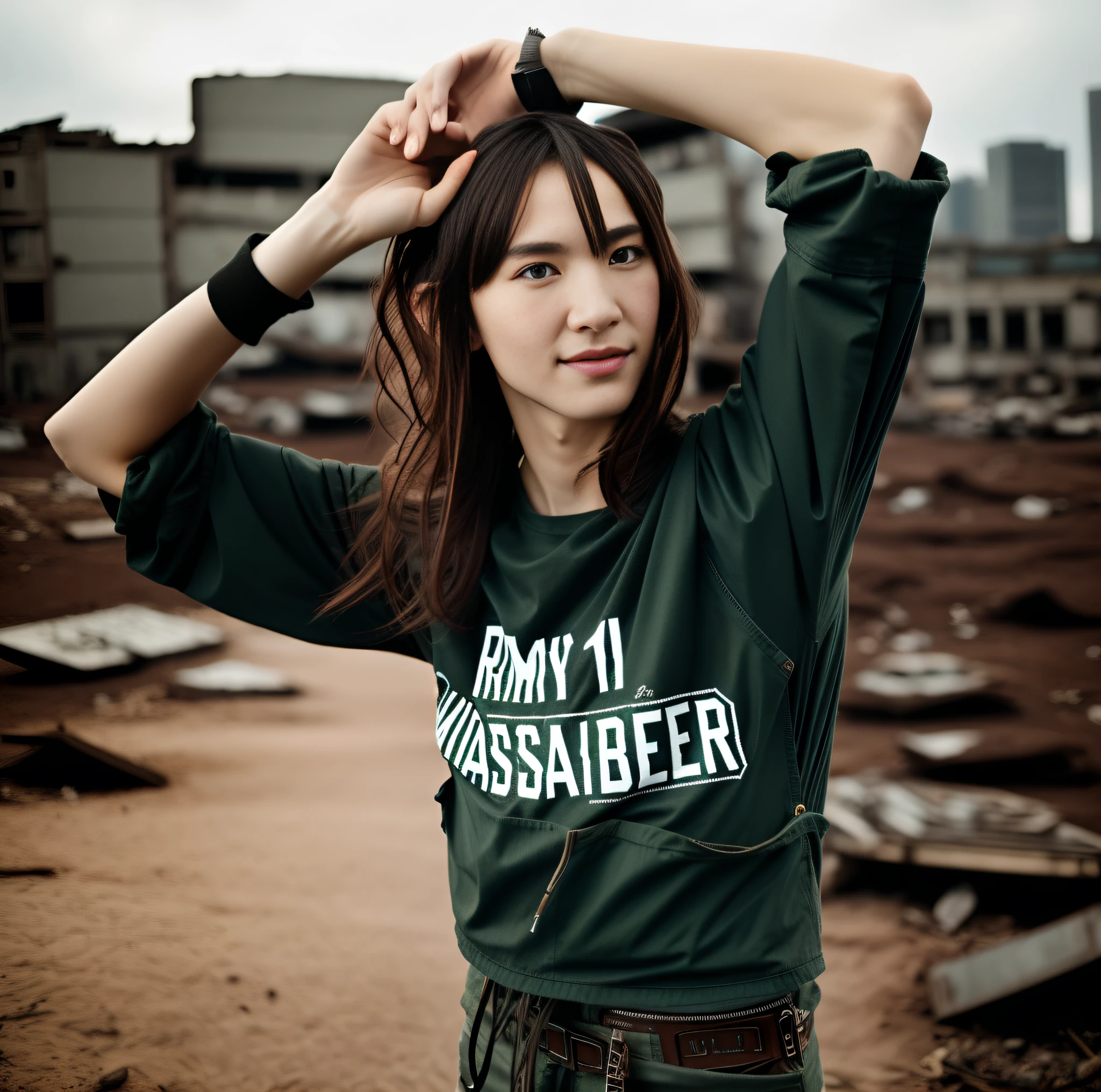 RAW photo, a close up portrait photo of 26 y.o woman in wastelander clothes, long haircut, pale skin, slim body, background is city ruins, (high detailed skin:1.2), (skin pores:1.2), 8k uhd, dslr, soft lighting, high quality, film grain, Fujifilm XT3