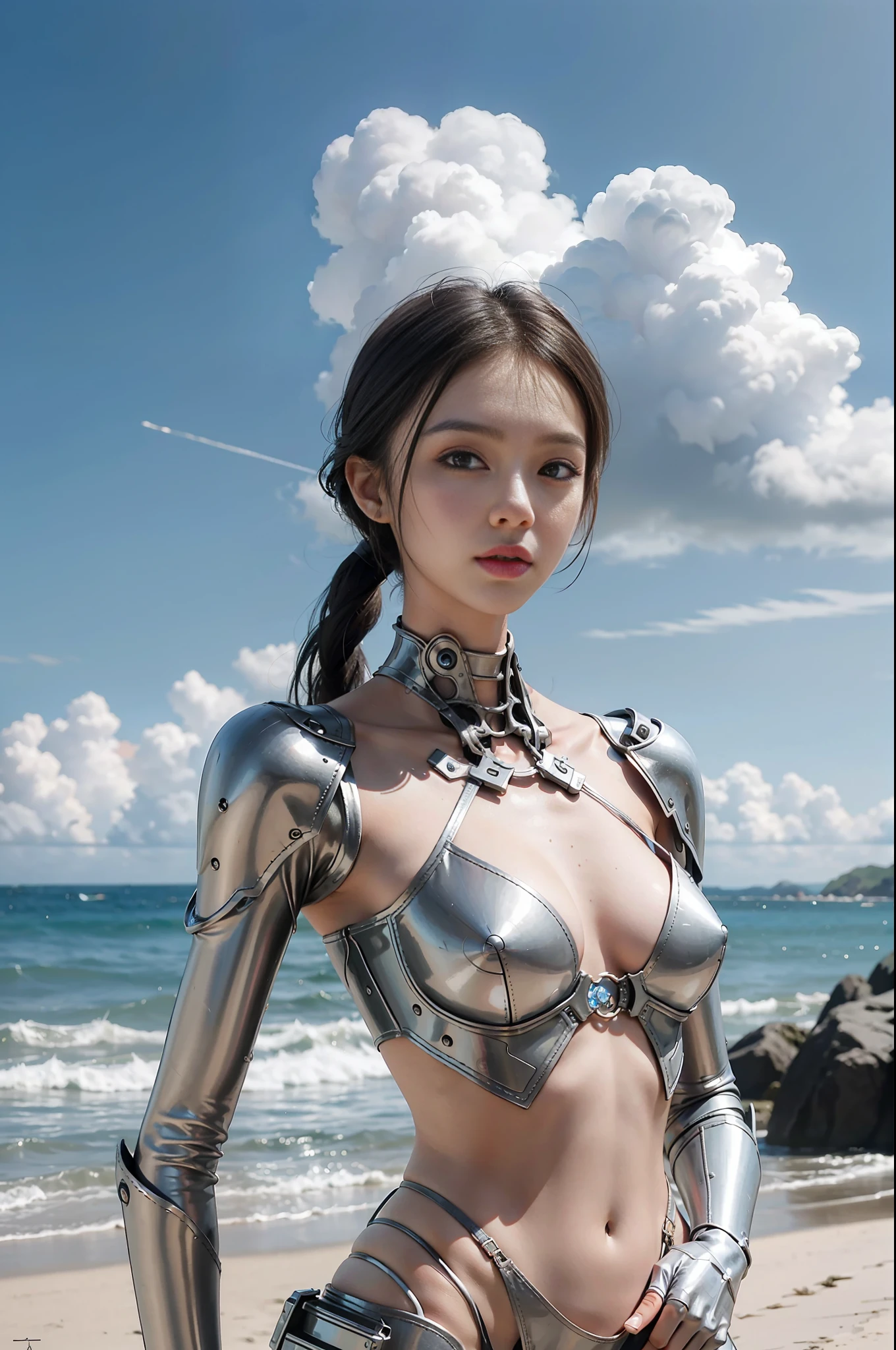 Best quality, delicate face, 25-year-old girl, slim body, body made of metal, small bust, metal structural skeleton, seaside, standing posture, beach, huge spaceship floating in the air, cyberpunk, sci-fi