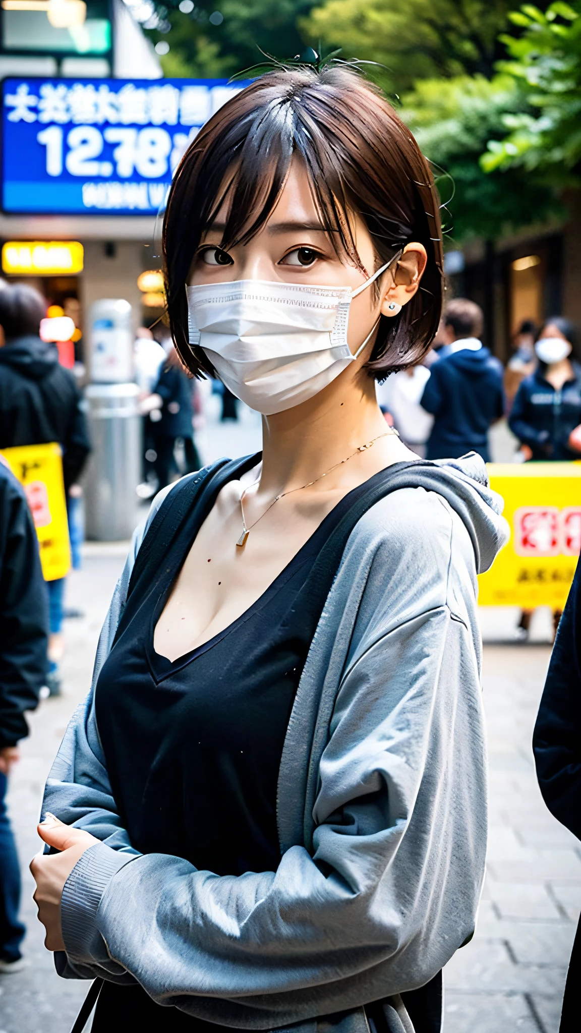 (Best Quality, 8k, 32k, Masterpiece, UHD: 1.2), Cute Japan Woman Picture, Slender, Medium breasts, Very Short Bob Hair, Upper Body, Face Focus, Oversized Hoodie, Mask on Chin, Rolled Up Arms, Necklace, Crowded Street in Front of the Station, Down, Looking at the smartphone at hand,