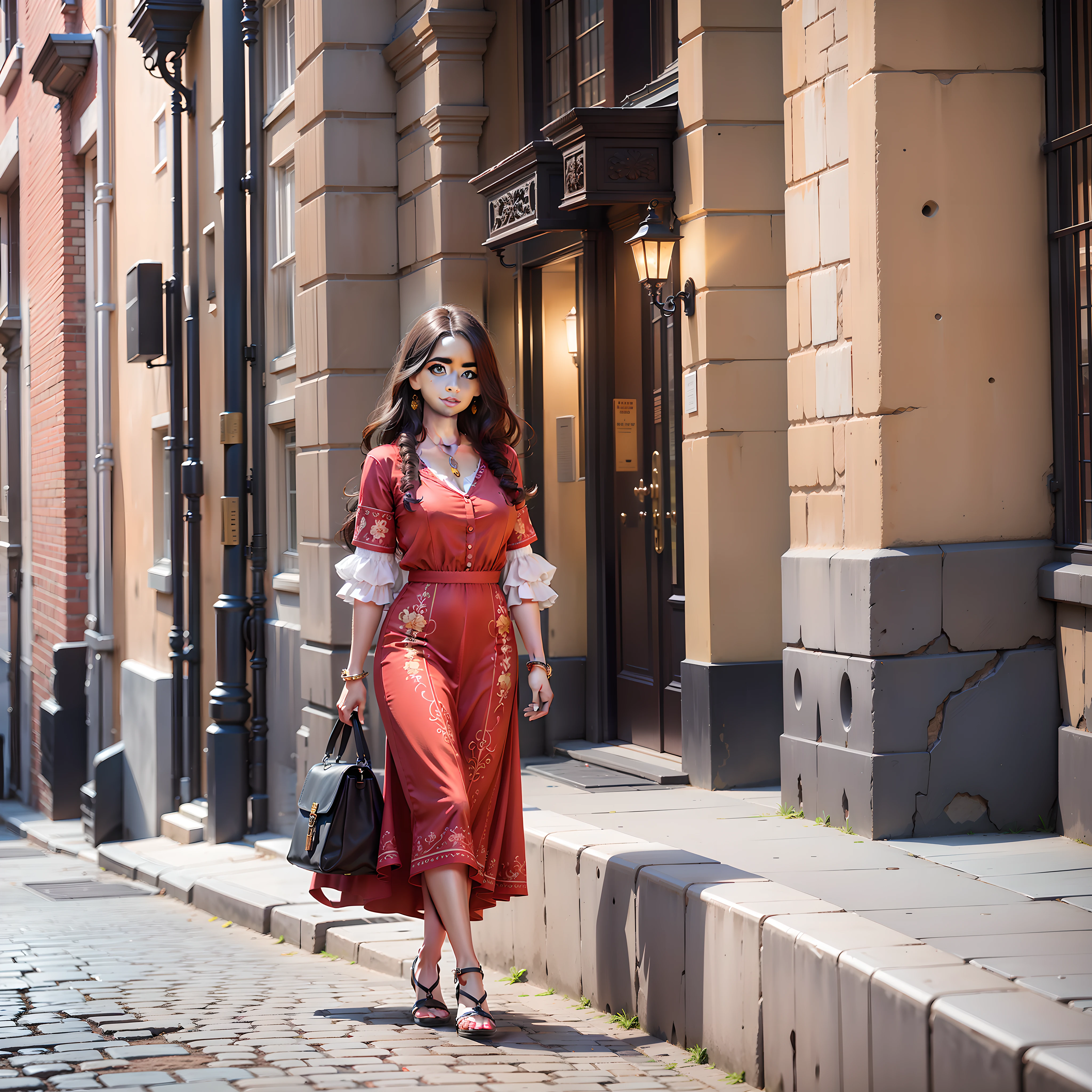 "A woman in a vibrant red dress walks gracefully on a cobblestone street in a historic city. The buildings around her are rich in architectural details, with ornate facades and framed windows. The high-resolution imagery of 8K allows for appreciating every intricate detail, from the sculptures on the walls to the weathered textures of the concrete. The soft lighting of the street enhances the vibrant colors of the woman's dress, which is captured in a 4K image quality with crisp colors and patterns."