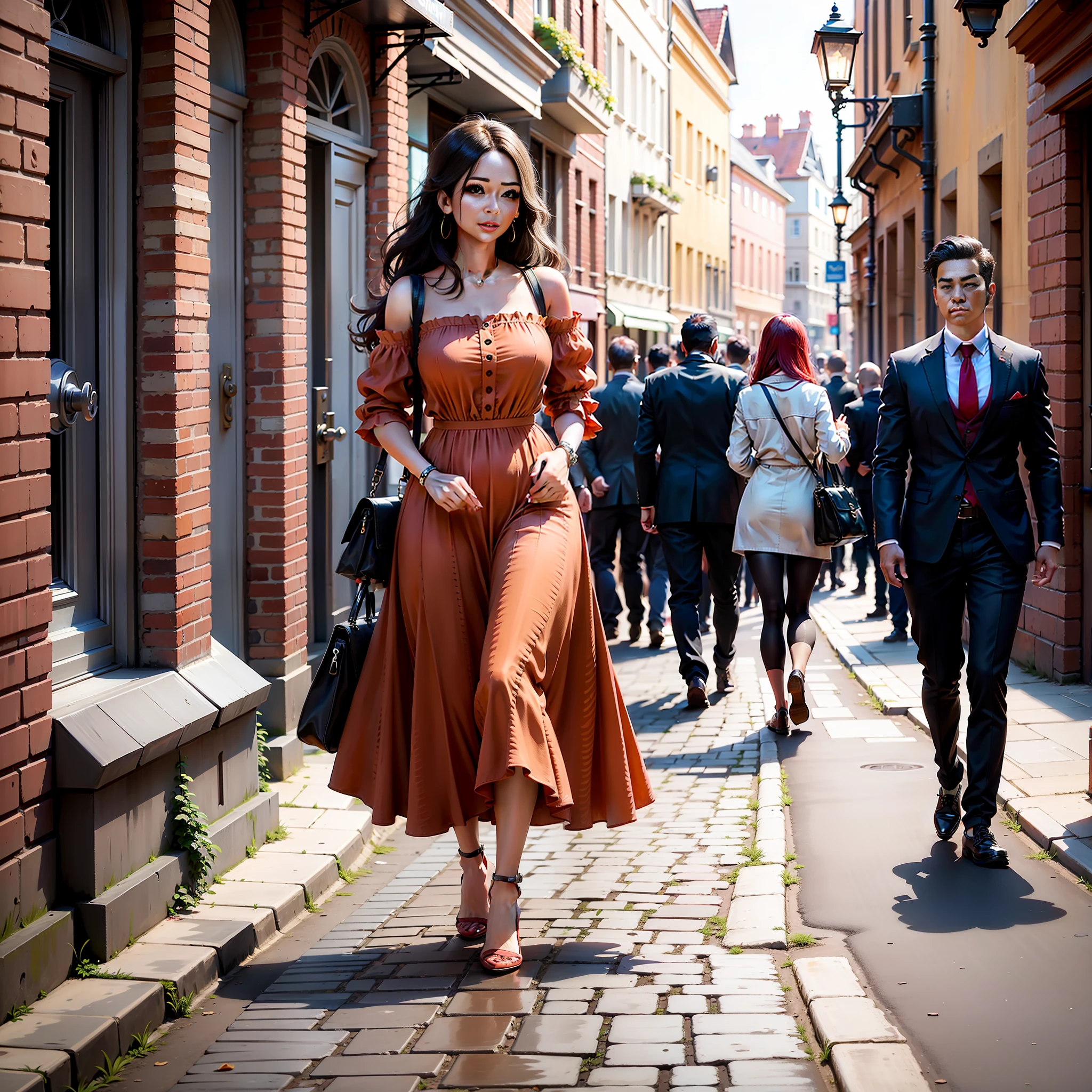 "A woman in a vibrant red dress, perfect face, perfect body, walks gracefully on a cobbled street in a historic city. The buildings around it are rich in architectural detail, with ornate facades and framed windows. High-resolution 8K images allow you to appreciate every intricate detail, from the sculptures on the walls to the weathered textures of concrete. The soft street lighting enhances the vibrant colors of the woman's dress, which is captured in a 4K image quality with crisp colors and patterns."