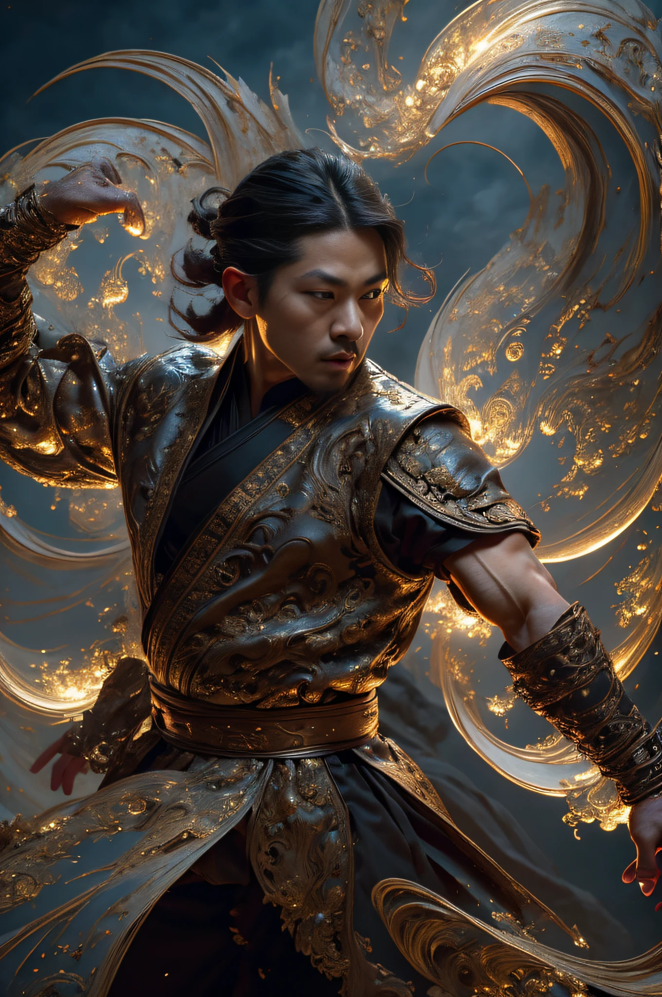 Best Quality, Masterpiece, Ultra High Resolution, (Realistic: 1.4), Xiuxian, Weapon, Detailed Face, .1 Boy, Solo, Weapon, , (Magic Circle: 1.2), Xiuxian, Upper Body, Sheath, (Absurd, High Resolution, Ultra Detailed), Asian, 1 male, eighteen-year-old boy, handsome, tall muscular man, broad shoulders, very short hair, bottom cut, dark brown eyes, fine eyes and detailed face, extremely detailed CG Unity 8k wallpaper, intricate details, (style swirl magic: 0.7), looking at the audience, solo, (full body: 0.6), detailed background, detailed face, hair fluttering in the wind, martial artist, dynamic pose, battle stance, clenched fists, fingerless gloves, wristband, dragon theme costume, monk robe, alpine mountain background, rotating floating particles, dynamic composition, hanfu, jinshan, jinshan background, jinshan background, jinshan, golden water flowing, big muscles