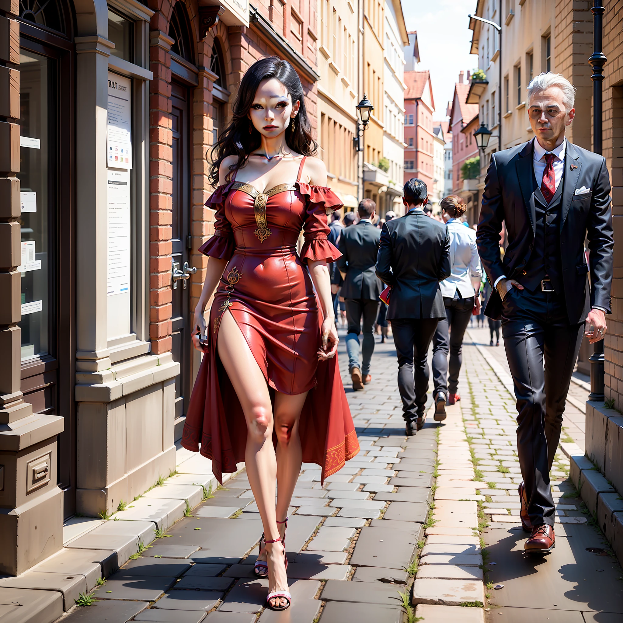 "A woman in a vibrant red dress, perfect face, perfect body, walks gracefully on a cobbled street in a historic city. The buildings around it are rich in architectural detail, with ornate facades and framed windows. High-resolution 8K images allow you to appreciate every intricate detail, from the sculptures on the walls to the weathered textures of concrete. The soft street lighting enhances the vibrant colors of the woman's dress, which is captured in a 4K image quality with crisp colors and patterns."