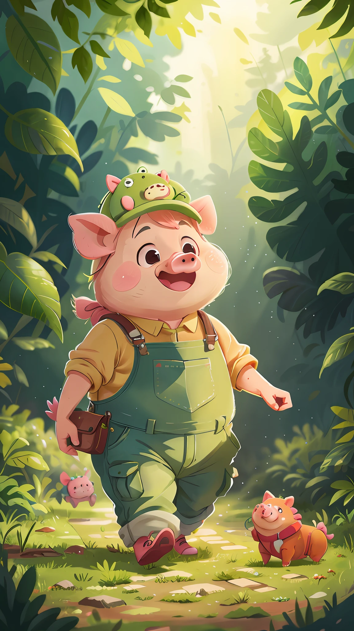 A pig walking upright, dressed in green overalls, happy, happy, perfect quality, clear focus (clutter - home: 0.8), (masterpiece: 1.2) (Realistic: 1.2) (Bokeh) (Best quality) (Detailed skin: 1.3) (Intricate details) (8K) (Detail eyes) (Sharp focus), (Happy)