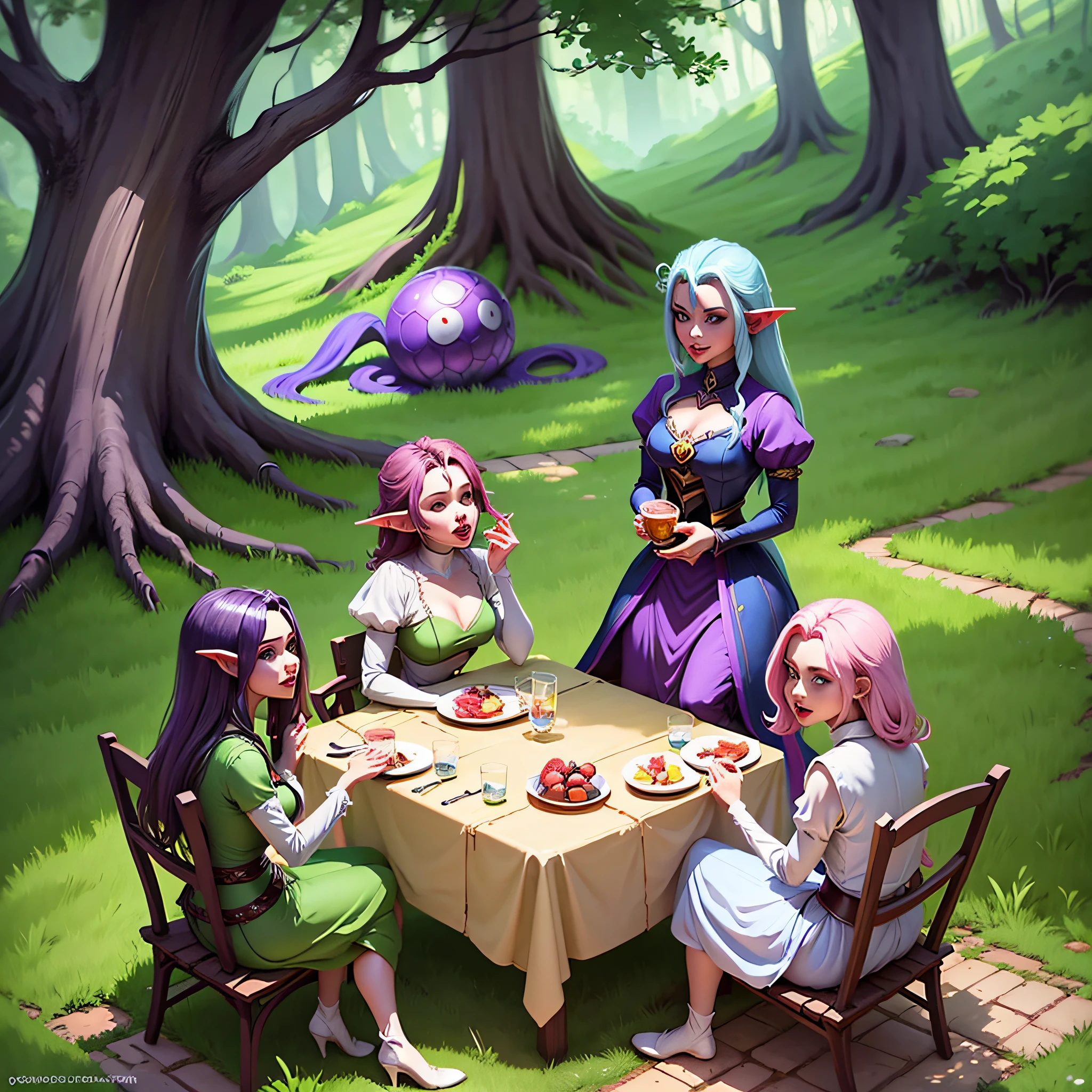 Cute elf lord and her good friends as they have a pleasant picnic in Disney cartoon style --auto --s2
