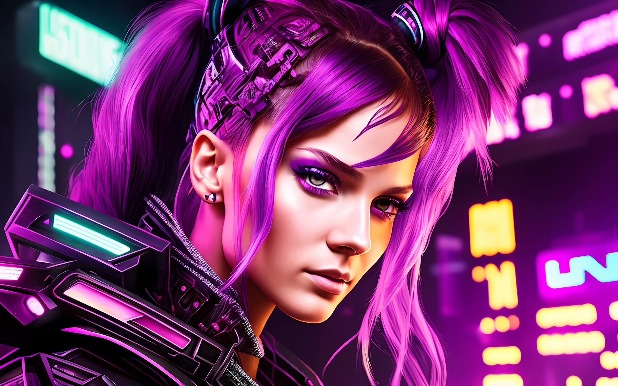 Alisa Freindlich, Alisa Selezneva, girl with a purple ponytail of hair, cyberpunk style, cyberpunk lighting, cyberpunk vibes
