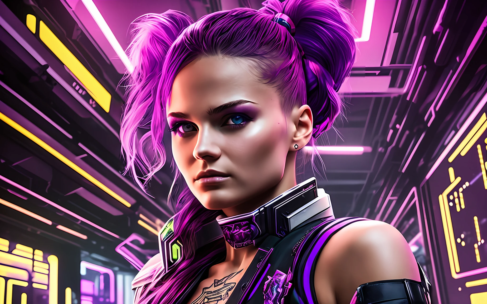 Alisa Freindlich, Alisa Selezneva, girl with a purple ponytail of hair, cyberpunk style, cyberpunk lighting, cyberpunk vibes