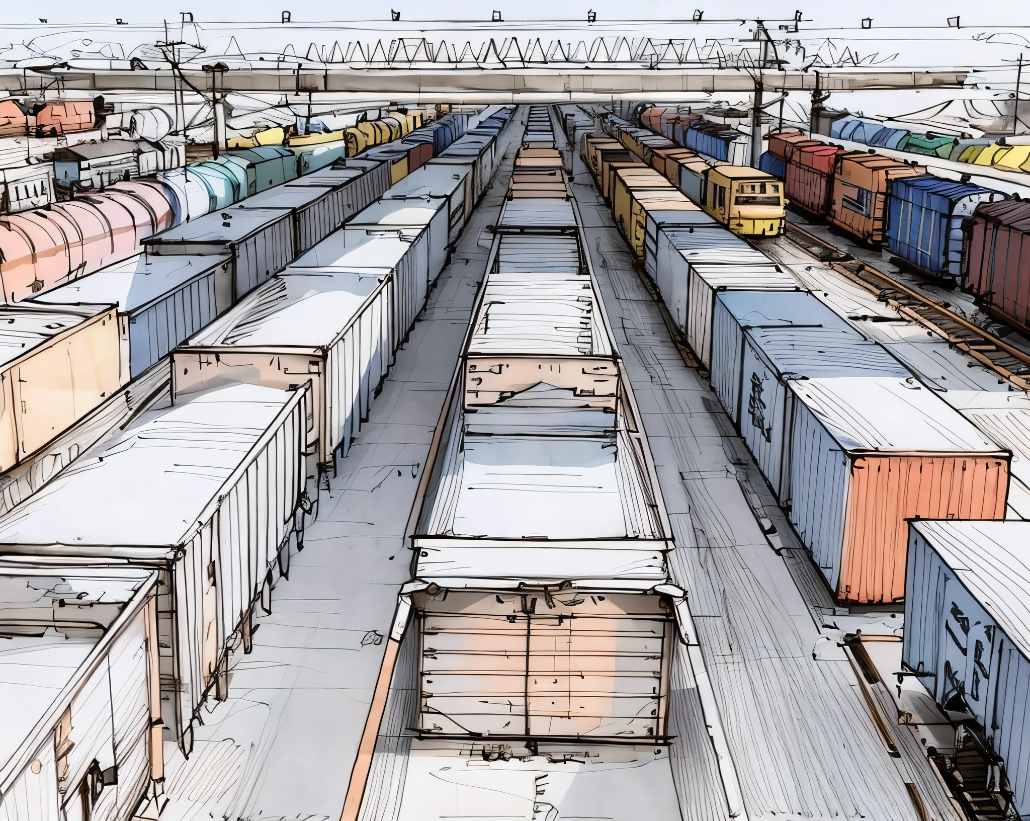sketch, sketch, pen_sketch_style, there is a landscape of freight cars standing on the tracks, many wagons, wagons with coal, tanks, wagons in rows