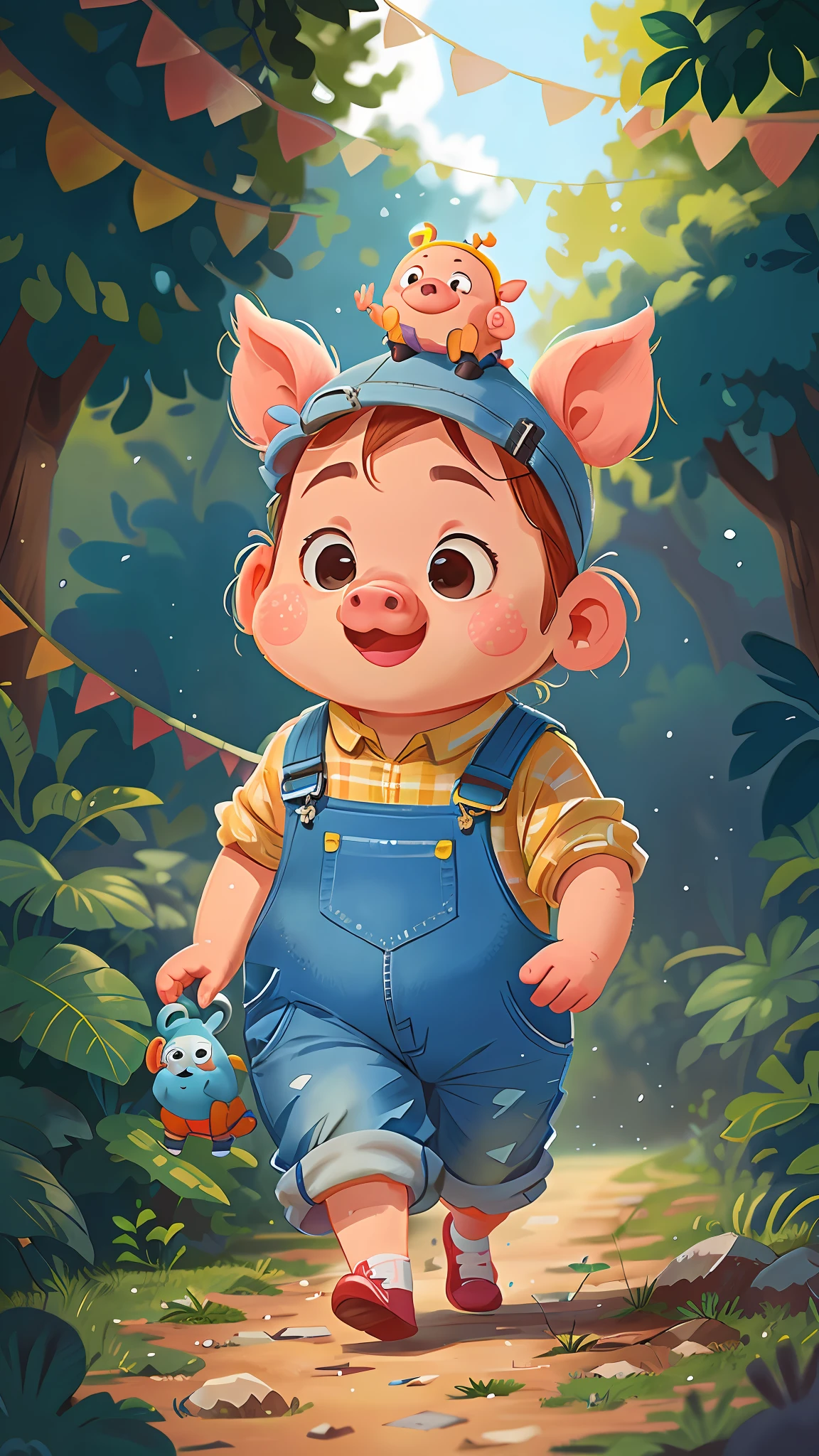 A pig walking upright, dressed in blue overalls, happy, happy, perfect quality, clear focus (clutter - home: 0.8), (masterpiece: 1.2) (Realistic: 1.2) (Bokeh) (Best quality) (Detailed skin: 1.3) (Intricate details) (8K) (Detail eyes) (Sharp focus), (Happy)