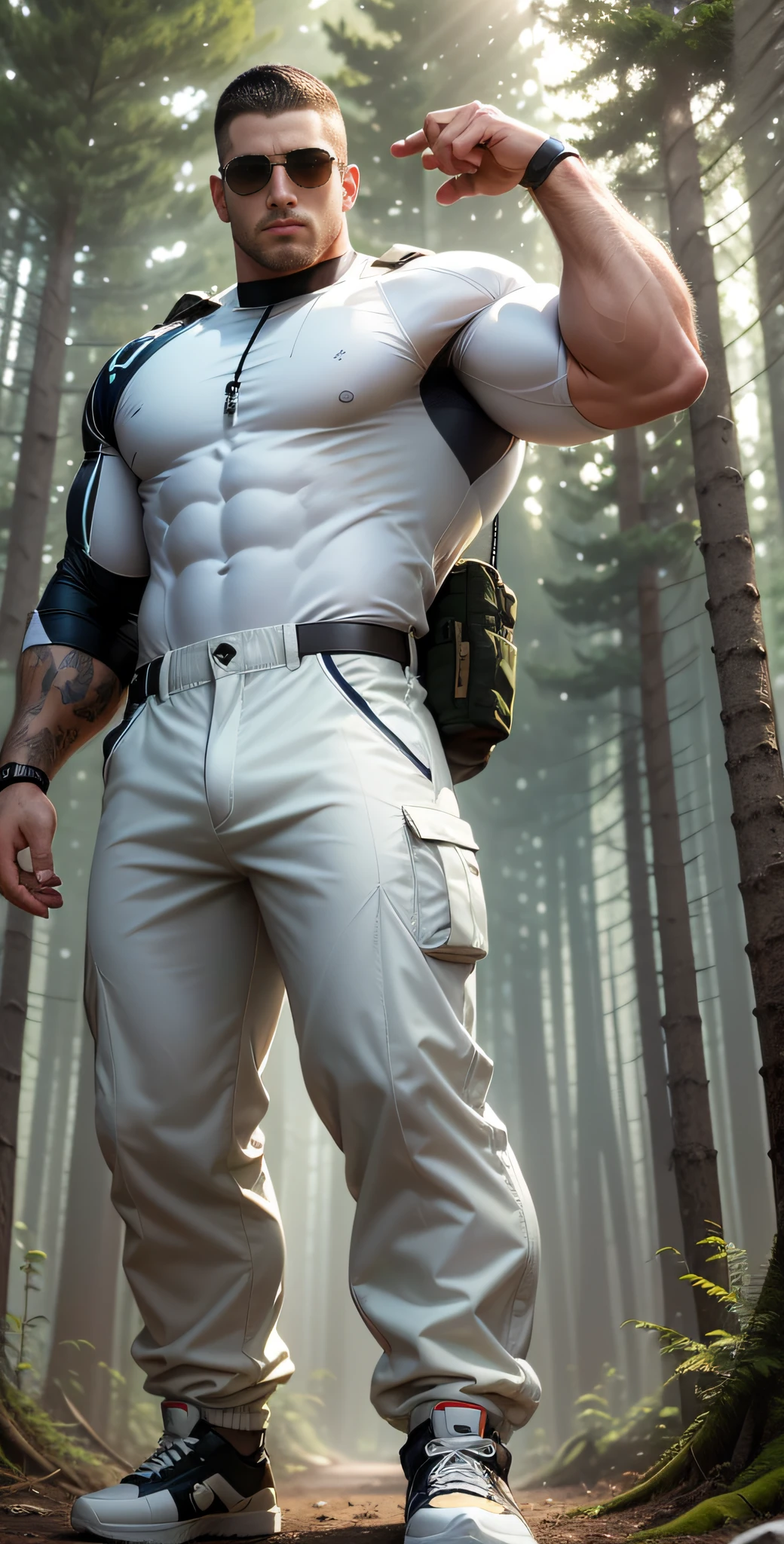 Man in off-white clothes standing in sunny forest, American round head, Buzz cut, national character face, tall and burly, muscular male hero, heroic male pose, muscular! Wearing sunglasses, skins brand white stealth suit, super buff and cool, high resolution committee, character design police, sneakers, charismatic strong male with armor, sunlight shining through the gaps in the woods