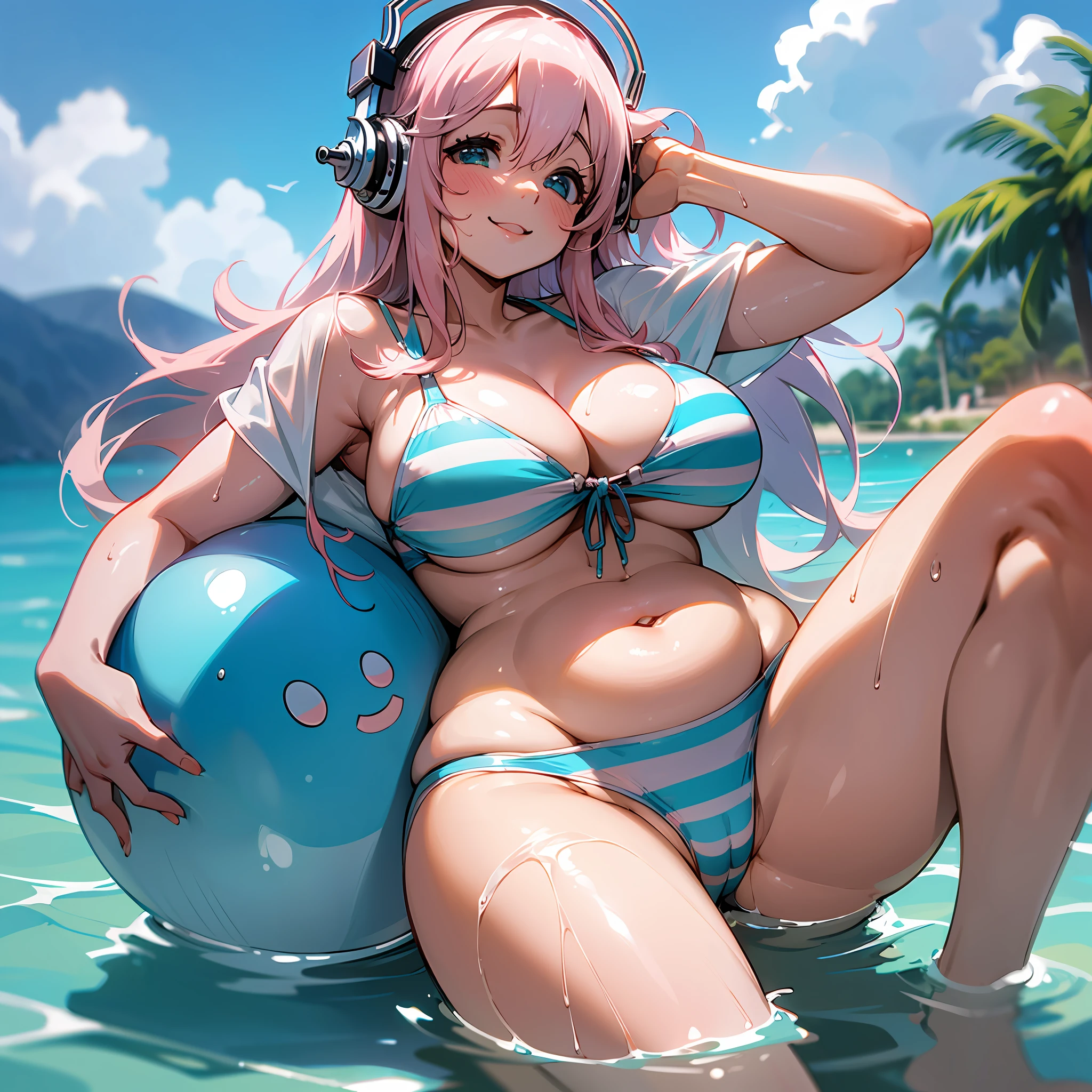 High definition, photorealistic, realistic blue sky, realistic sea, super_sonico, alone, big, big ass, plump thighs, bikini with light blue and white horizontal stripes, wet skin, wet crotch, smile, woman in her 30s, droopy eyes, big eyes, light pink hair, white skin, dazzling sunlight, open legs pose, wet crotch --auto --s2