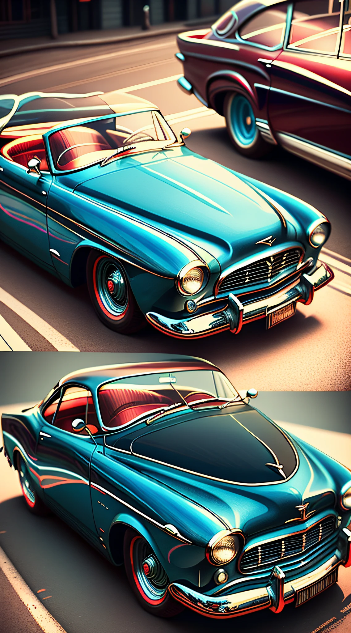 there are two pictures of a blue car and a red car, highly detailed hyper real retro, gorgeous 3d render, hyper realistic style, classic car, hyper detailed 3 d render, hyper detailed 3d render, 3d render”, classic cars, by andrei riabovitchev, 1950s illustration style, 3 d hyper realistic render, hyper detailed photorealistic