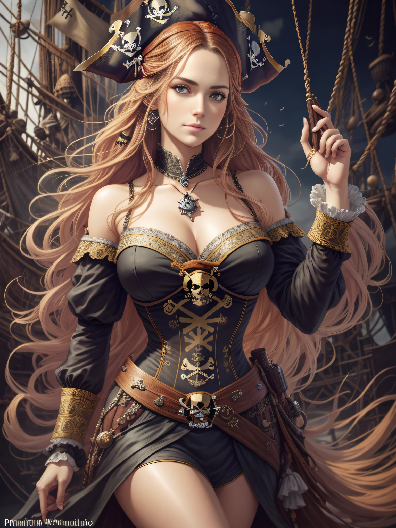 Danielle van de Donk, full body potrait of a photorealistic beautiful woman, (aboard a pirate ship:1.50), intense coloration fantasy, light hair, a stunning realistic photograph 20 years , random colored hair, (multiple women pirates dancing together:1.3), random color eyes, full body, cover, hyperdetailed painting, luminism, octane render, Bar lighting, complex, 8k resolution concept art portrait by Martina Fačková and Prywinko Art, Artgerm, WLOP, Alphonse Mucha, Tony Taka, fractal isometrics details, photorealistic face, hypereallistic cover photo awesome full color, hand drawn, bright, gritty, realistic color scheme, davinci, .12k, intricate. hit definition , Beethoven, cinematic,Rough sketch, mix of bold dark lines and loose lines, bold lines, on paper , real life human --auto --s2