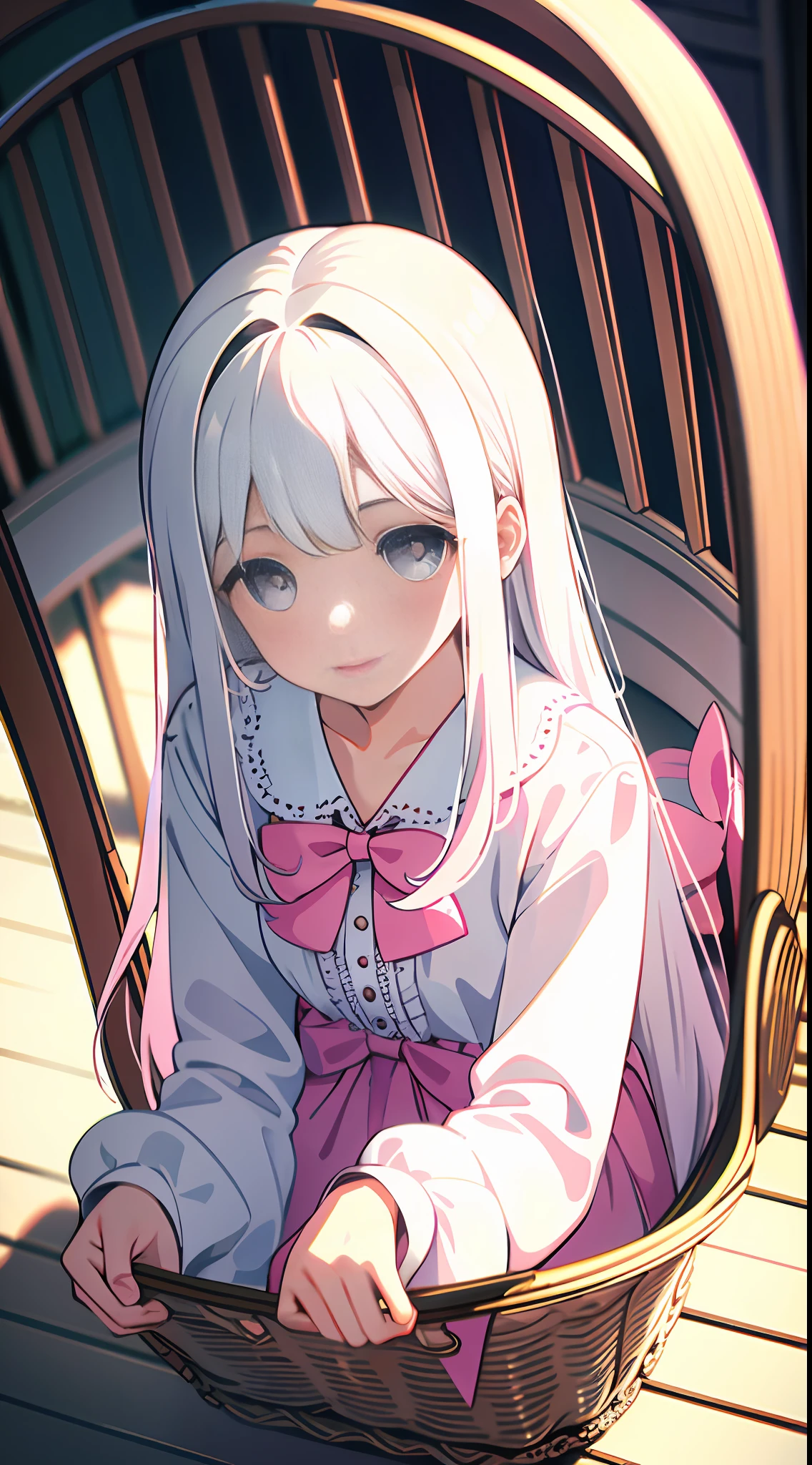 Masterpiece, best quality, super detailed, illustration, beautiful detailed eyes, close up, a girl. It is white hair, pink bow, white pajamas. Squat on the ground and rummage through the clothes basket