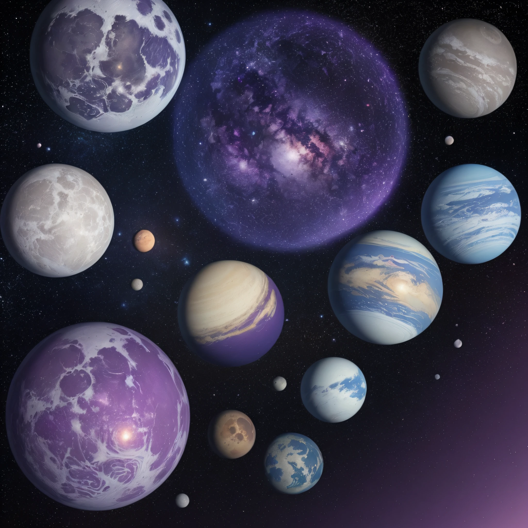 Hyper realistic photography, best quality, ultra-detailed, two-tone lighting, dark studio, 5 planets lined up with colors ranging from purple to light blue and with hyper realistic texture on neutral background --auto --s2