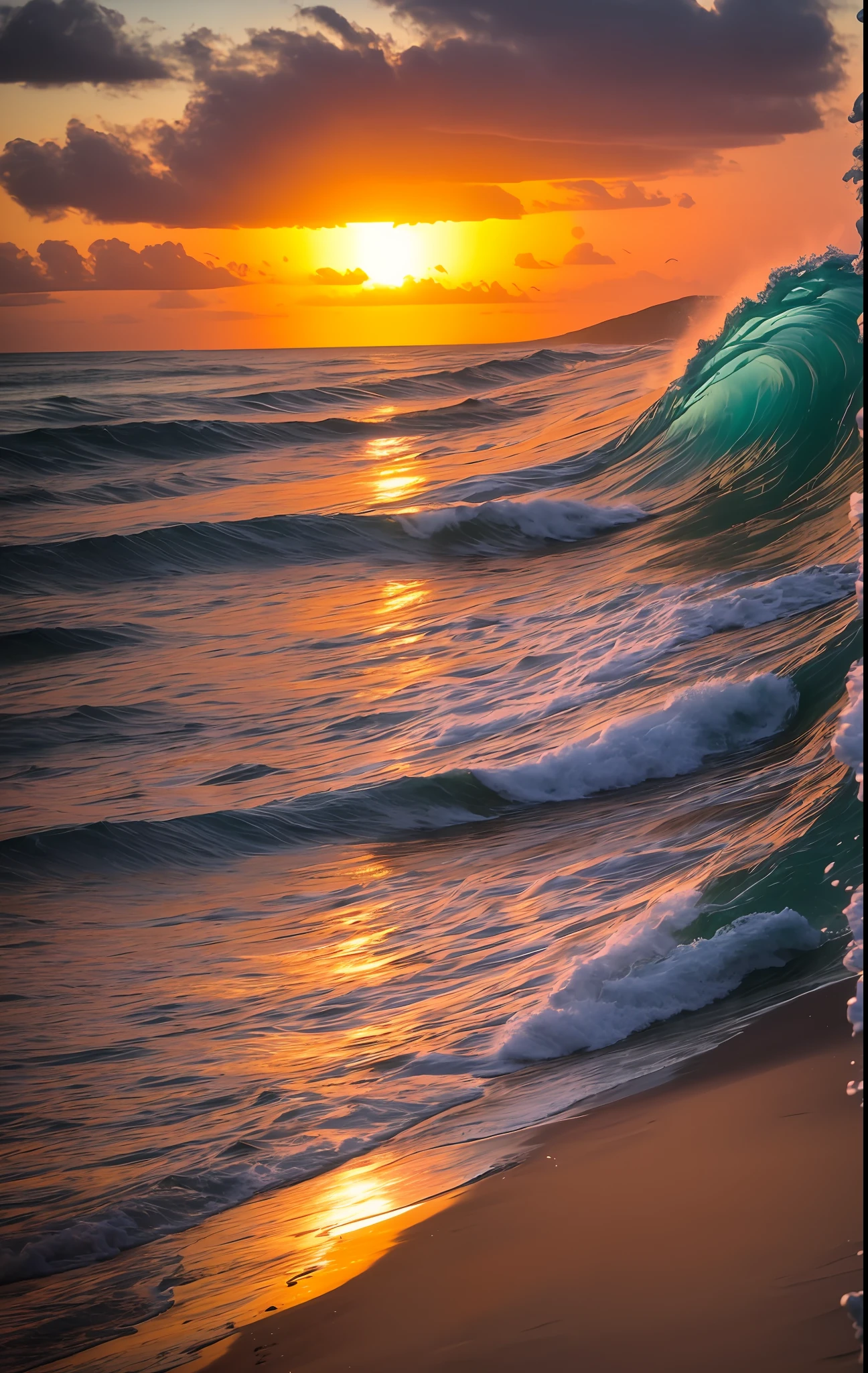 ocean sunset with waves crashing beach, beautiful waves, beautiful ocean, ocean waves, ocean waves, amazing waves, soaring waves, foam waves, sunset on the beach, sea, sunset on the beach, beautiful sunrise, calm waves, chaotic sea environment, show beach at sunset, rippling ocean waves, energy waves, stunning sunset
