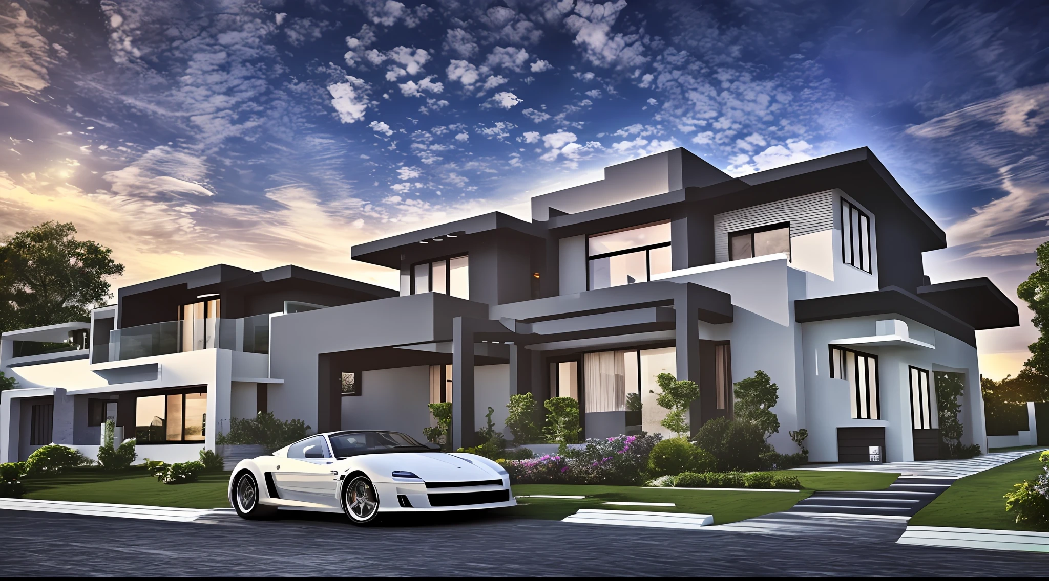 imagination, (realistic), clear sky, modern house, (HDR:1.5), car, intricate details, --auto --s2
