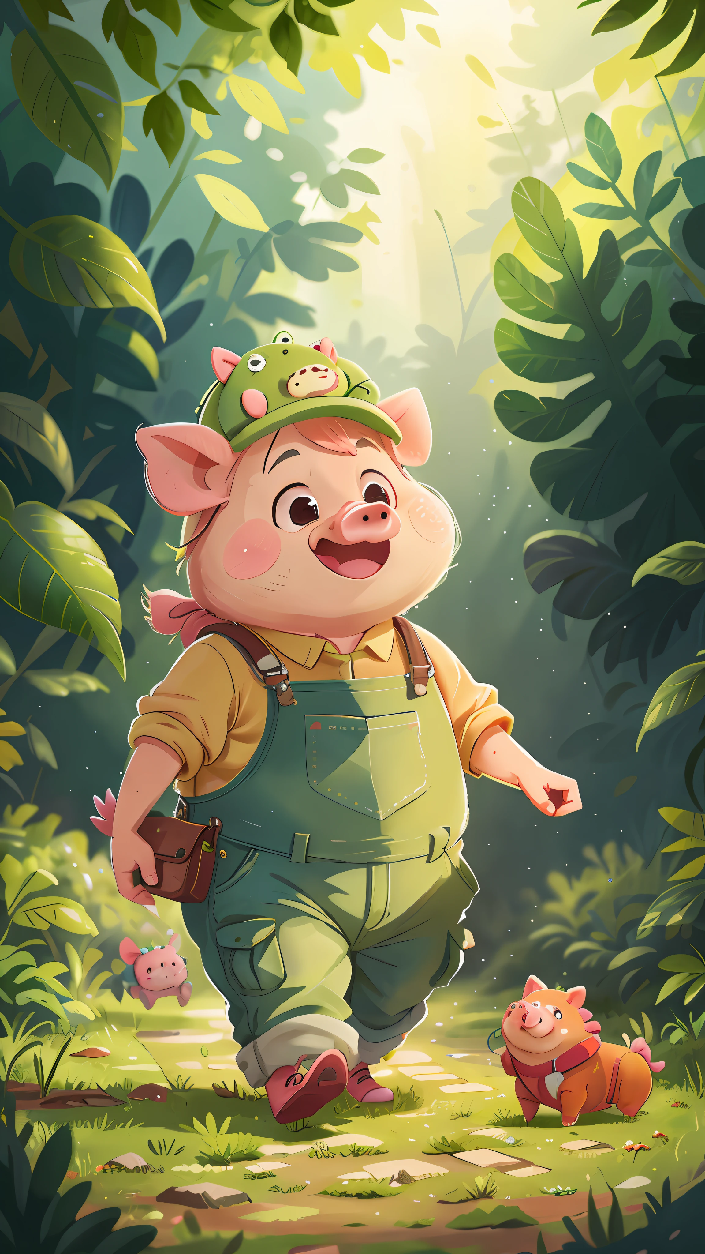 A pig walking upright, dressed in green overalls, happy, happy, perfect quality, clear focus (clutter - home: 0.8), (masterpiece: 1.2) (Realistic: 1.2) (Bokeh) (Best quality) (Detailed skin: 1.3) (Intricate details) (8K) (Detail eyes) (Sharp focus), (Happy)