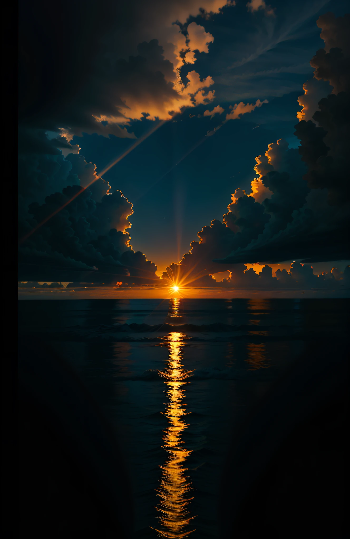 "The vastness of the ocean stretches to the horizon, and magnificent whales break the waves and dive into the depths. The sun shines on the water, shrouding a warm golden glow over everything it passes through, creating a stunning visual masterpiece. Let the tranquility and beauty of the underwater world captivate your imagination with its soft color palette, smooth movements, and serene stillness. "Beautiful sunset, beautiful back in the distance