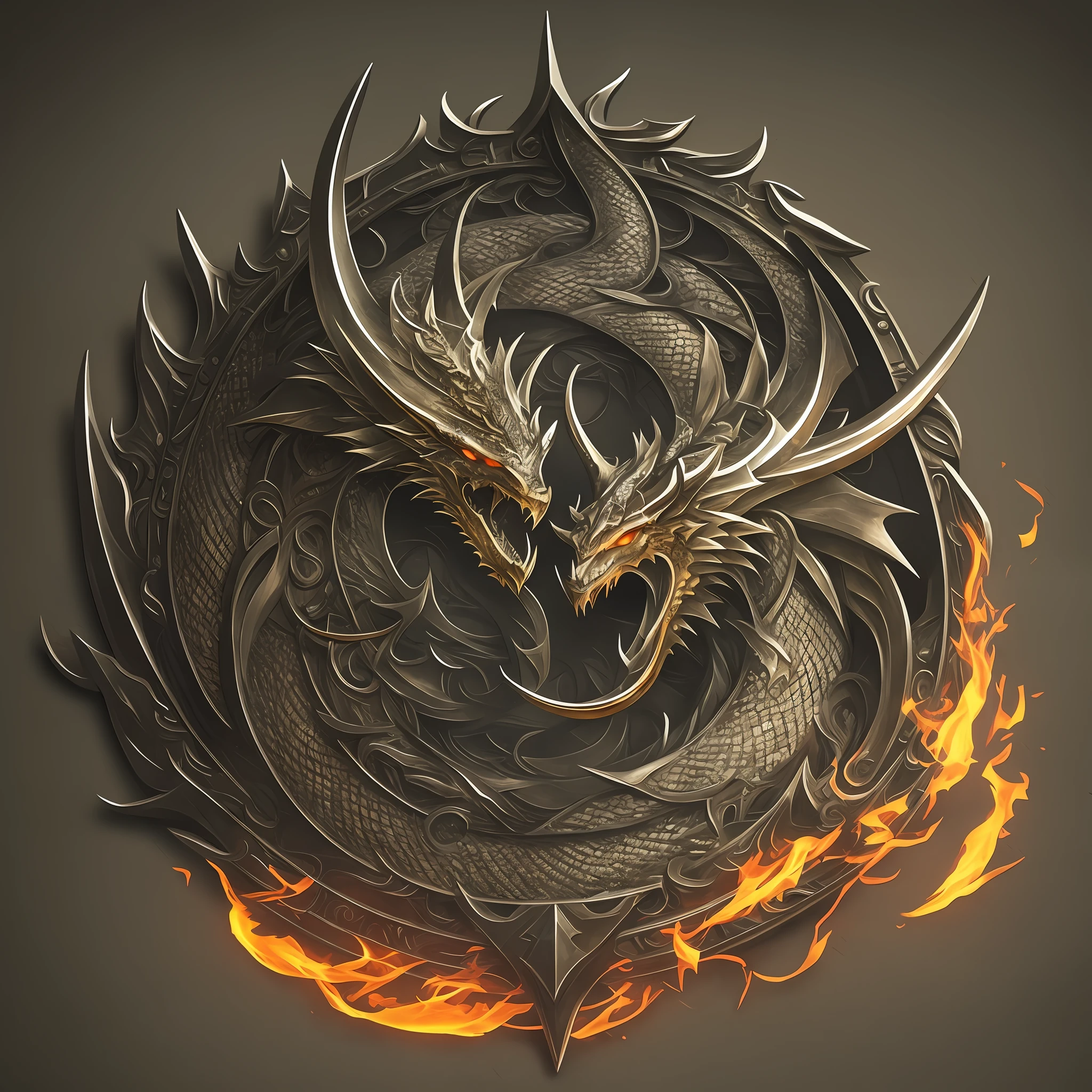 Logo, fantasy, detailed, 1:5, 4kk, swords, spears, dragon, ring, fire, alliance, team, effective, friendship, communication, adventure, island, inscription new era legend --auto --s2