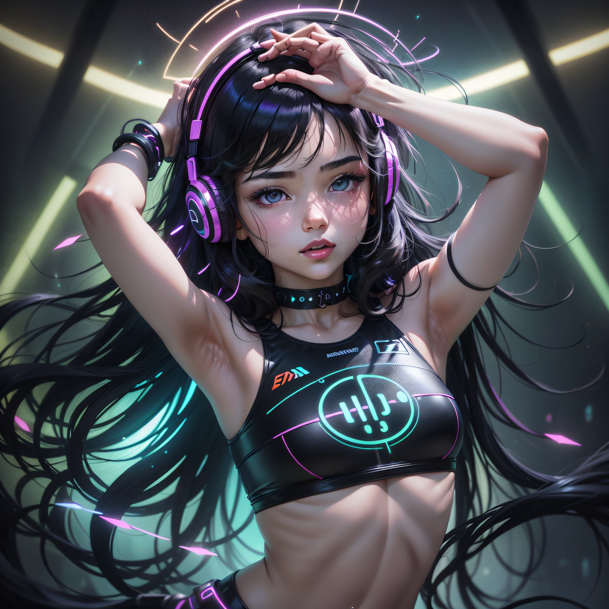 The young girl with black hair is immersed in her own magical world, situated within a room adorned with vibrant neon lighting against a black background. The neon lights stand out even more vividly against the dark backdrop, creating a striking contrast that adds to the allure of the scene.
Her black hair cascades in gentle waves, framing her face with an air of mystery and elegance. The neon lights reflect off her dark locks, casting a mesmerizing glow that accentuates her features and adds an otherworldly charm to her appearance. Her eyes, framed by dark lashes, hold a spark of curiosity and enchantment as she embraces the sensory experience of the room.
The light effects create a hypnotic and futuristic atmosphere around the girl. As she moves, the rays of neon light follow her every motion, creating a dance of shadows and reflections that seem to illuminate her face in a captivating manner. The intense colors of the light effects stand out boldly against the black background, further enhancing the visual spectacle.
She wears headphones that are adorned with a pulsating neon band, radiating soft light that syncs with the rhythm of the music. The neon glow reflects off her face, casting a subtle halo that adds an ethereal touch to her presence. As she becomes lost in the immersive melodies, her black hair shimmers with the neon reflections, creating a captivating visual display against the darkness.
The girl moves with a graceful and fluid demeanor, swaying to the soothing rhythms of the music. Her gestures are accentuated by the interplay of light and shadow, creating an enchanting dance of movement and illumination that captivates the viewer's attention. The neon lights seem to respond to her every motion, enhancing the ambiance and immersing her deeper into the magical atmosphere of the room.
The black background acts as a canvas, allowing the neon lights and the girl's presence to take center stage. It creates a sense of focus and intensity, emphasizing