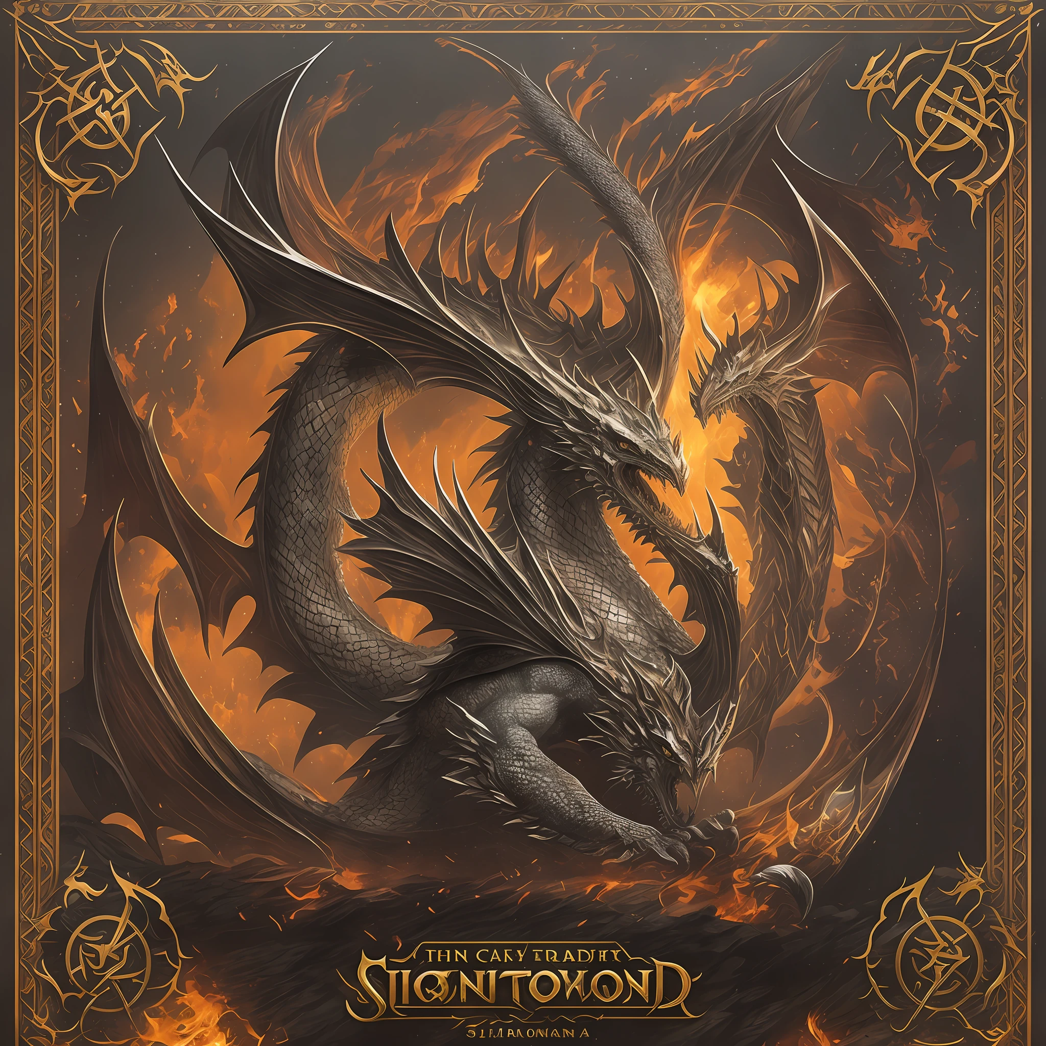 Logo, fantasy, detailed, 1:5, 4kk, swords, spears, dragon, ring, fire, alliance, team, effective, friendship, communication, adventure, island, inscription new era legend --auto --s2