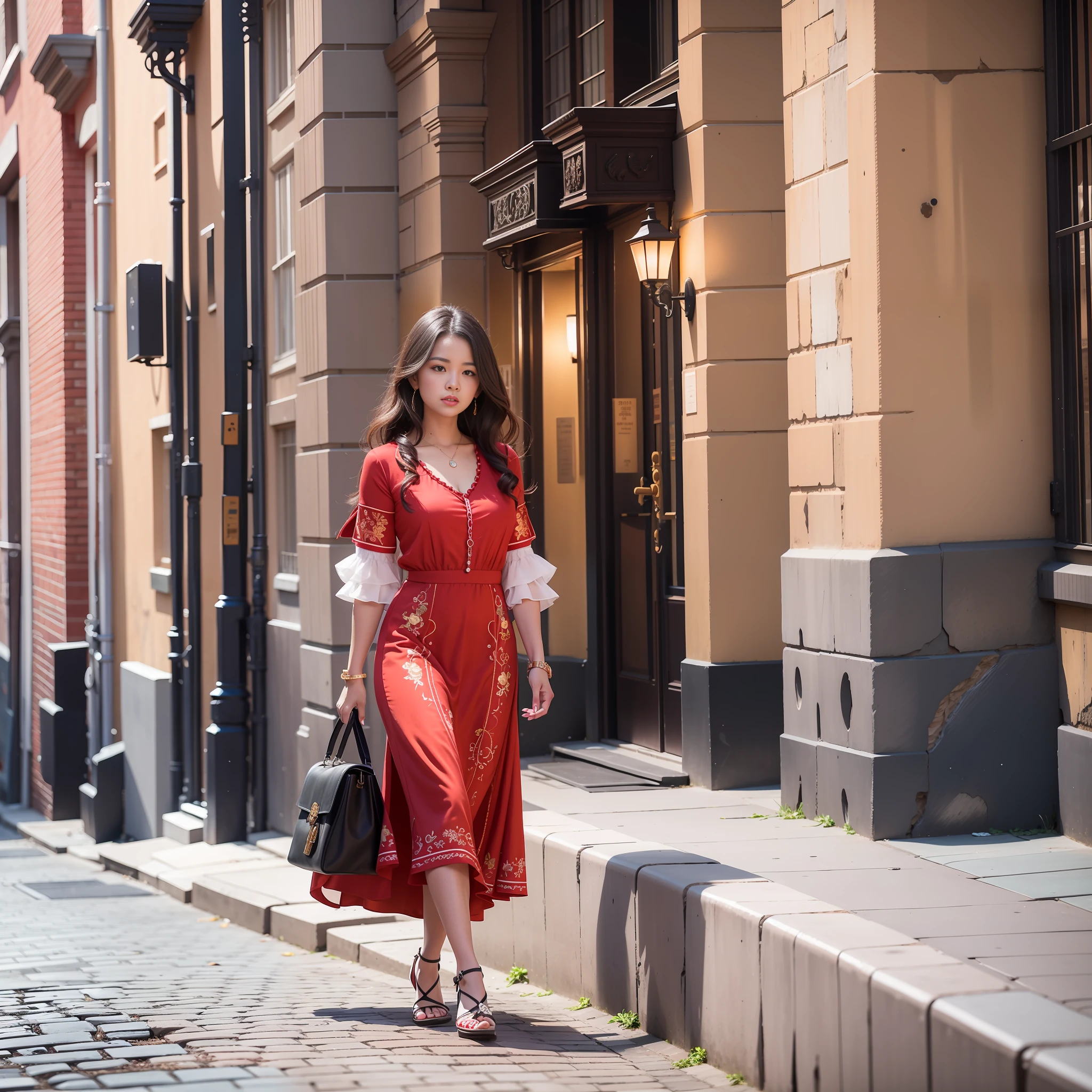 araffe woman in red dress walking down a street with a black bag, girl wears a red dress, clothed in ancient street wear, wearing a red dress, wearing a red sundress, wearing a red outfit, wearing a red cheongsam, in a red victorian era dress, posing in an urban street, wearing red dress, wandering in the city