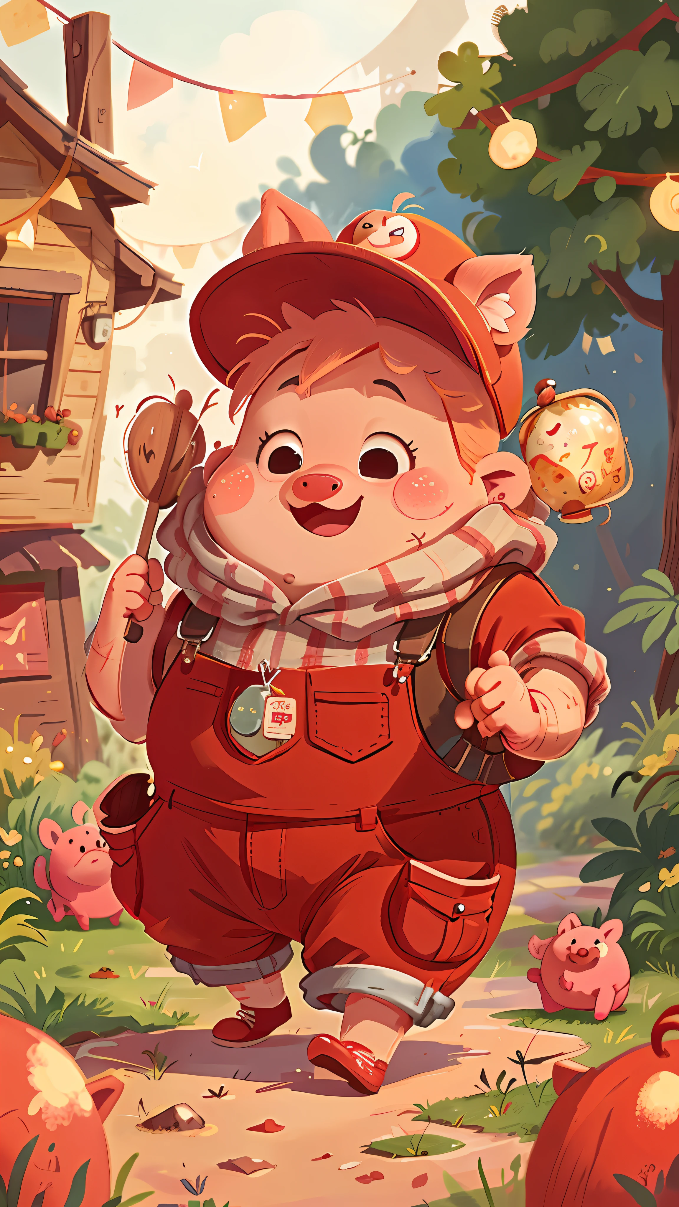 A pig walking upright, dressed in red overalls, happy, happy, perfect quality, clear focus (clutter - home: 0.8), (masterpiece: 1.2) (Realistic: 1.2) (Bokeh) (Best quality) (Detailed skin: 1.3) (Intricate details) (8K) (Detail Eyes) (Sharp Focus), (Happy)