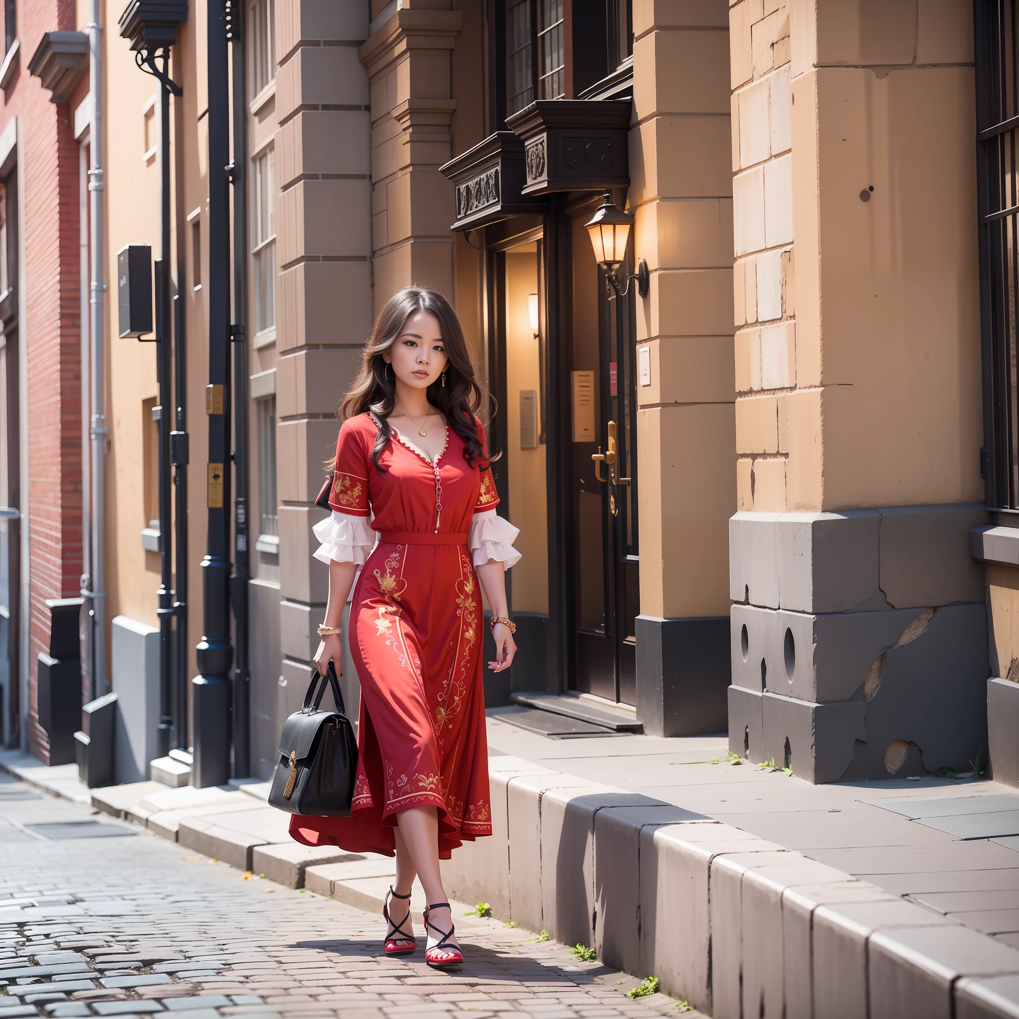 araffe woman in red dress walking down a street with a black bag, girl wears a red dress, clothed in ancient street wear, wearing a red dress, wearing a red sundress, wearing a red outfit, wearing a red cheongsam, in a red victorian era dress, posing in an urban street, wearing red dress, wandering in the city