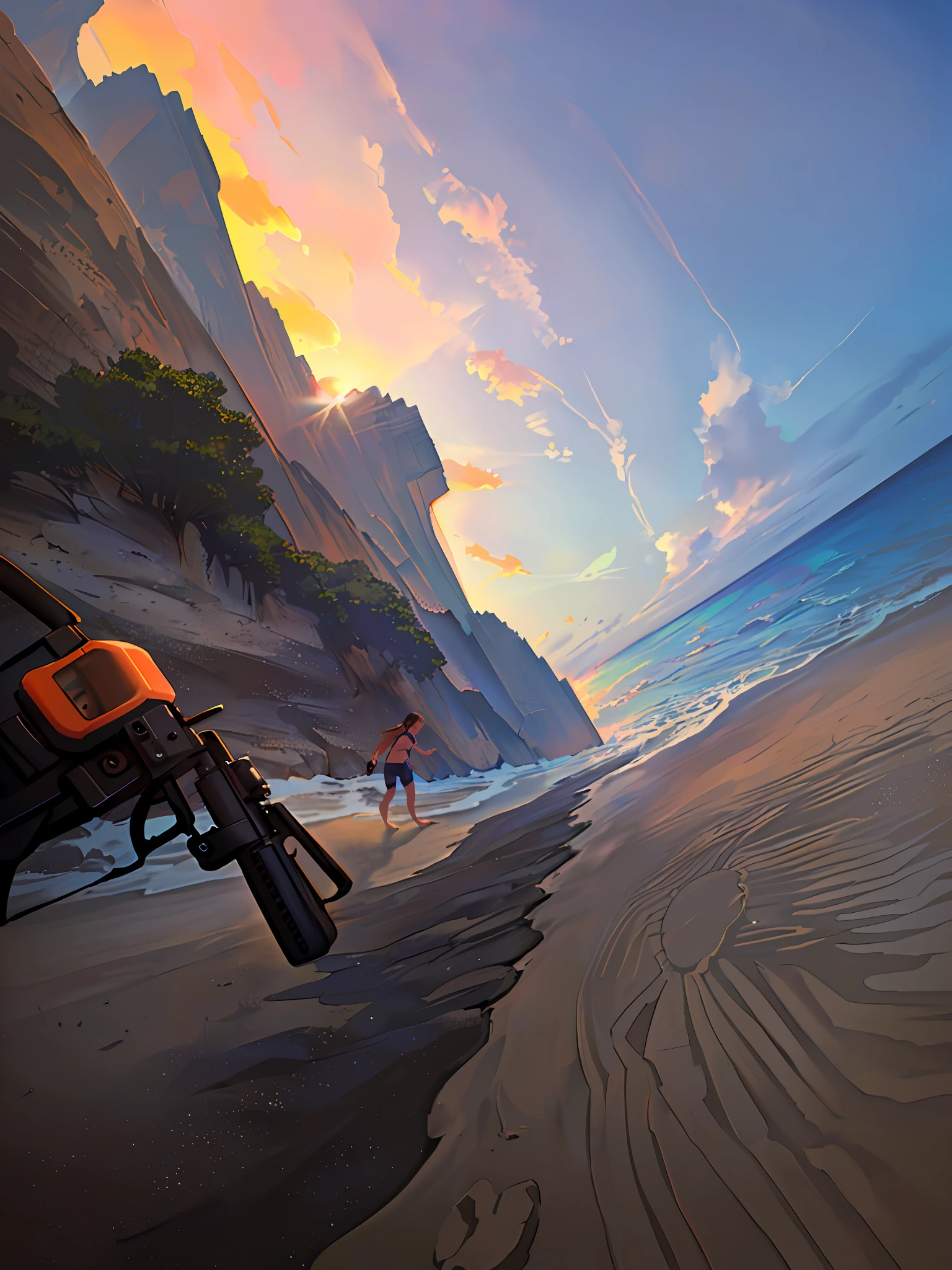 You can see the beach from a bike on the beach, shoot on the Go Pro Hero8, shoot on the GoPro 9, advance to sunset, shoot with GoPro, , during sunset, GoPro shoot, have sunset, low angle Go-Pro view, sunset time, at sunset, during sunset, one person shoots the sunset again