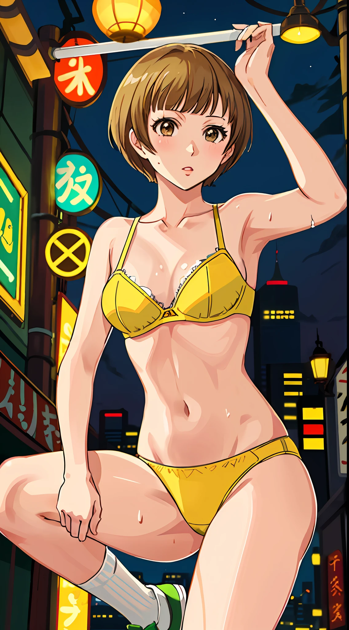 1 woman, Chie Satonaka (from persona 4, light brown short hair, white skin, brown eyes, strong fit body:1,2), tight wet bra and green and yellow panties, bare shoulders, looking at the viewer, white socks and sneakers, lascivious, ecchi, wideshot, bare belly, blushing, sexy:1,5, daning on a strip pole, in a night bar