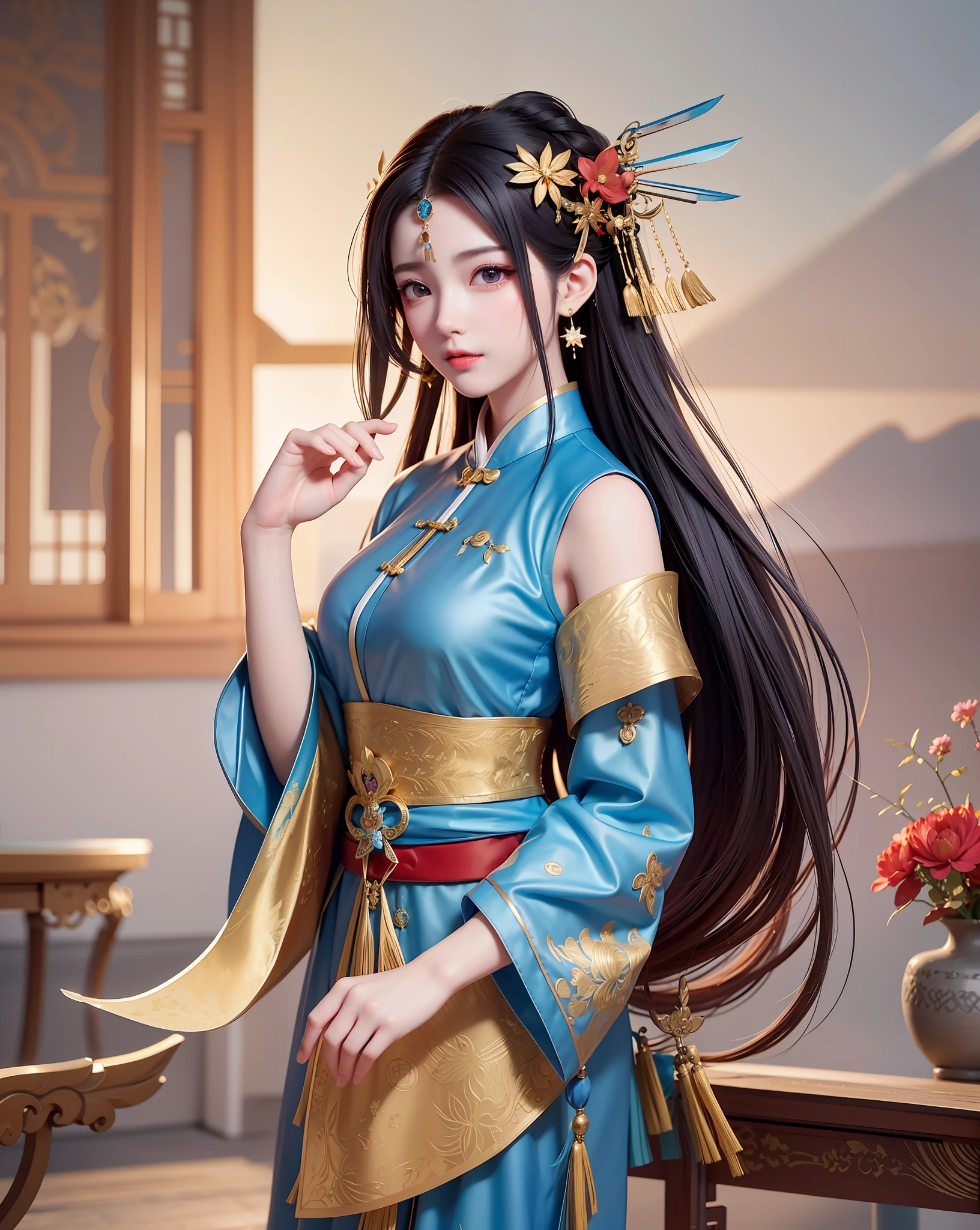 araffe woman in a blue dress with a gold crown and a red belt, palace ， a girl in hanfu, a beautiful fantasy empress, wearing ancient chinese clothes, full body xianxia, trending on cgstation, inspired by Lan Ying, ancient chinese princess, anime girl cosplay, chinese costume, inspired by Du Qiong, with acient chinese clothes