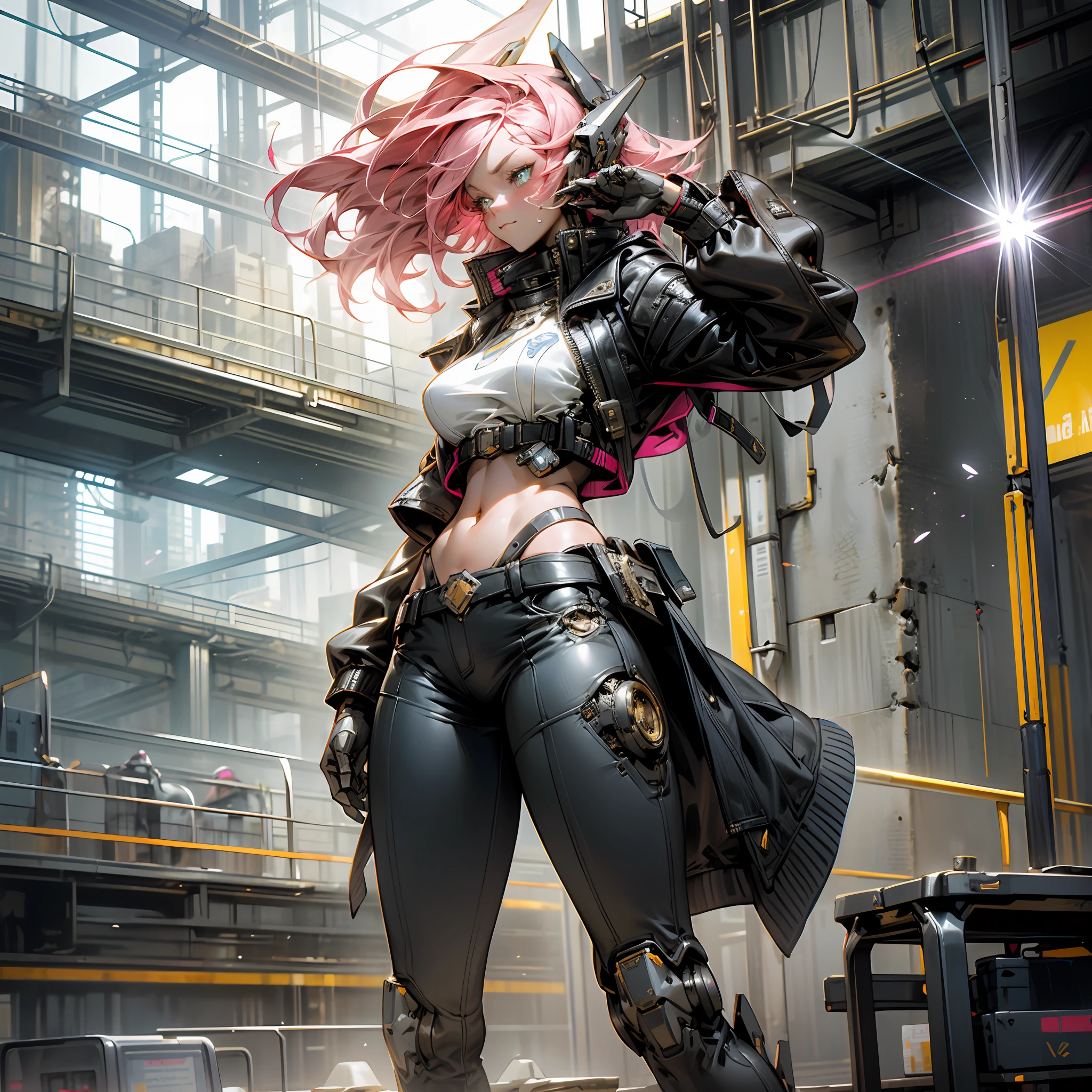 (outstanding, professional, surrealist), (maiden with a good figure, wearing a leather coat, showing her navel, huge breasts, and clear  details), towering buildings rise from the ground to form a magnificent landscape of the future city. Its pink metal shell shimmers, and the delicate textures and intricate lines of the robot mech outline its high-tech figure. The robot mech is tall, exuding an unparalleled sense of majesty and power. The robot mech has bright LED lights embedded in its shoulders, flashing in various bright colors, like the bright stars of the future city. Its arms are equipped with powerful energy weapons and are ready to meet the challenges of battle. Standing next to the robot, we see a striking teenage girl. She wears a black leather jacket and close-fitting black stockings, highlighting her perfect figure. The texture of the black leather jacket contrasts with the metallic texture of the robot, showing a unique visual effect. The girl's firm and resolute eyes showed that she was fearless, --auto --s2