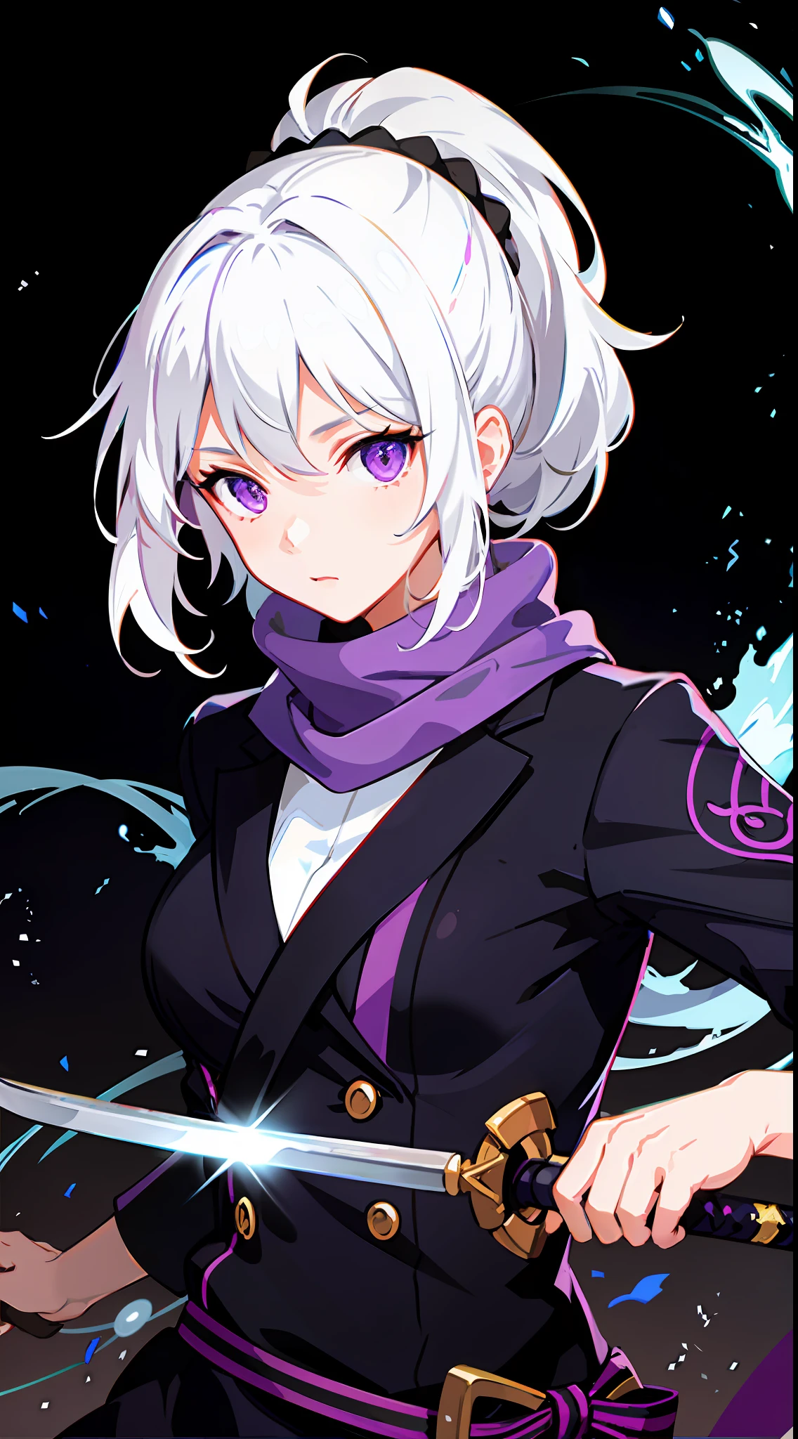 upper body, 1girl, white hair, ponytail, purple eyes, (ninja), short sword, medium breats ,scarf, wallpaper, magic circle background, light particles, blue fire,