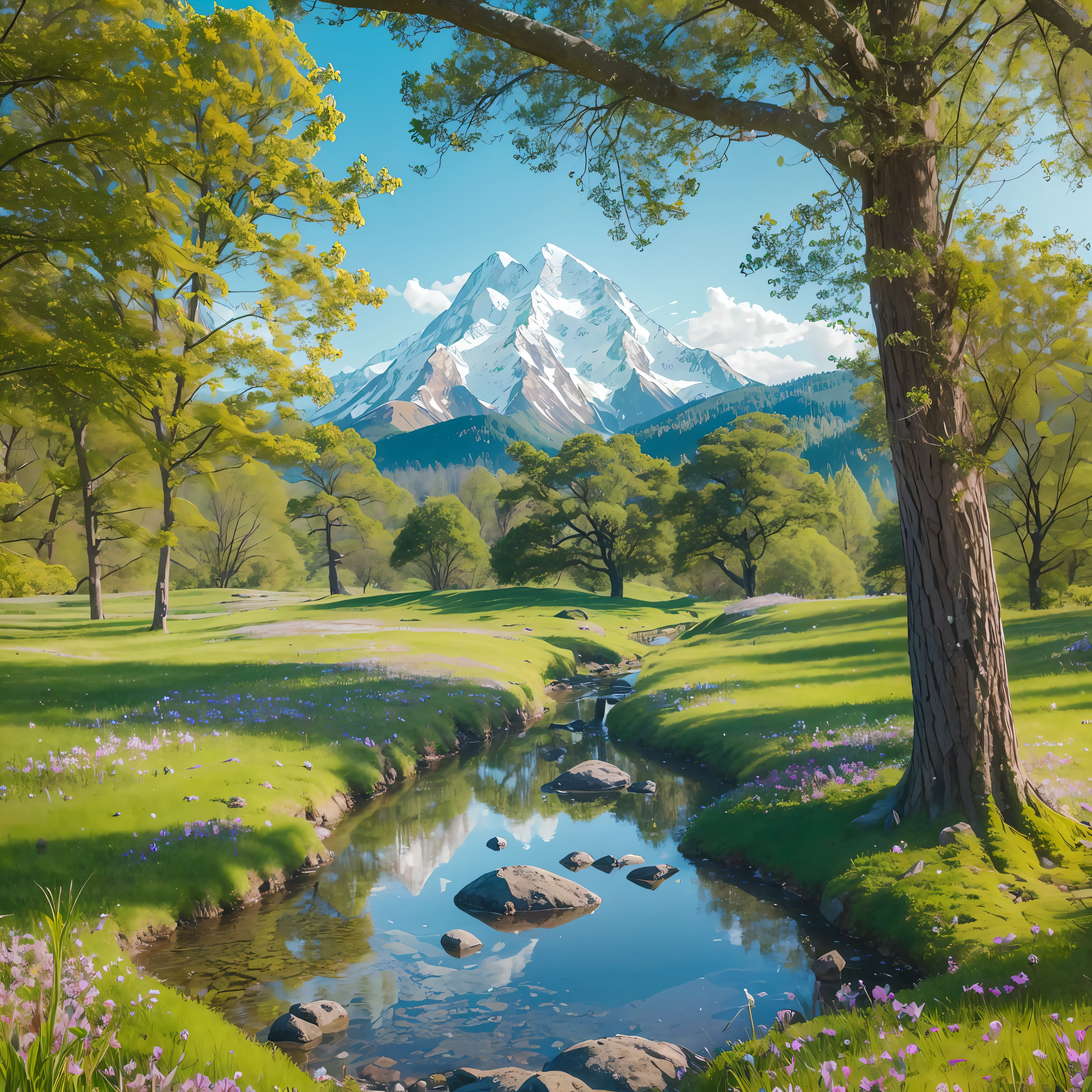 A serene, emerald-green meadow stretches out as far as the eye can see. The grass is lush and vibrant, swaying gently in the breeze. In the center of the meadow stands an ancient, gnarled tree with sprawling branches that reach towards the sky. The tree is majestic and wise, its trunk adorned with moss and small, colorful flowers. Sunlight filters through the leaves, casting dappled patterns on the ground below. In the distance, majestic snow-capped mountains rise into the clear blue sky. Birds soar overhead, and a small stream winds its way through the meadow, its crystal-clear waters reflecting the beauty of the surroundings. The scene is filled with a sense of tranquility and possibility, inviting the viewer to step into this enchanting world and explore its secrets. --auto --s2