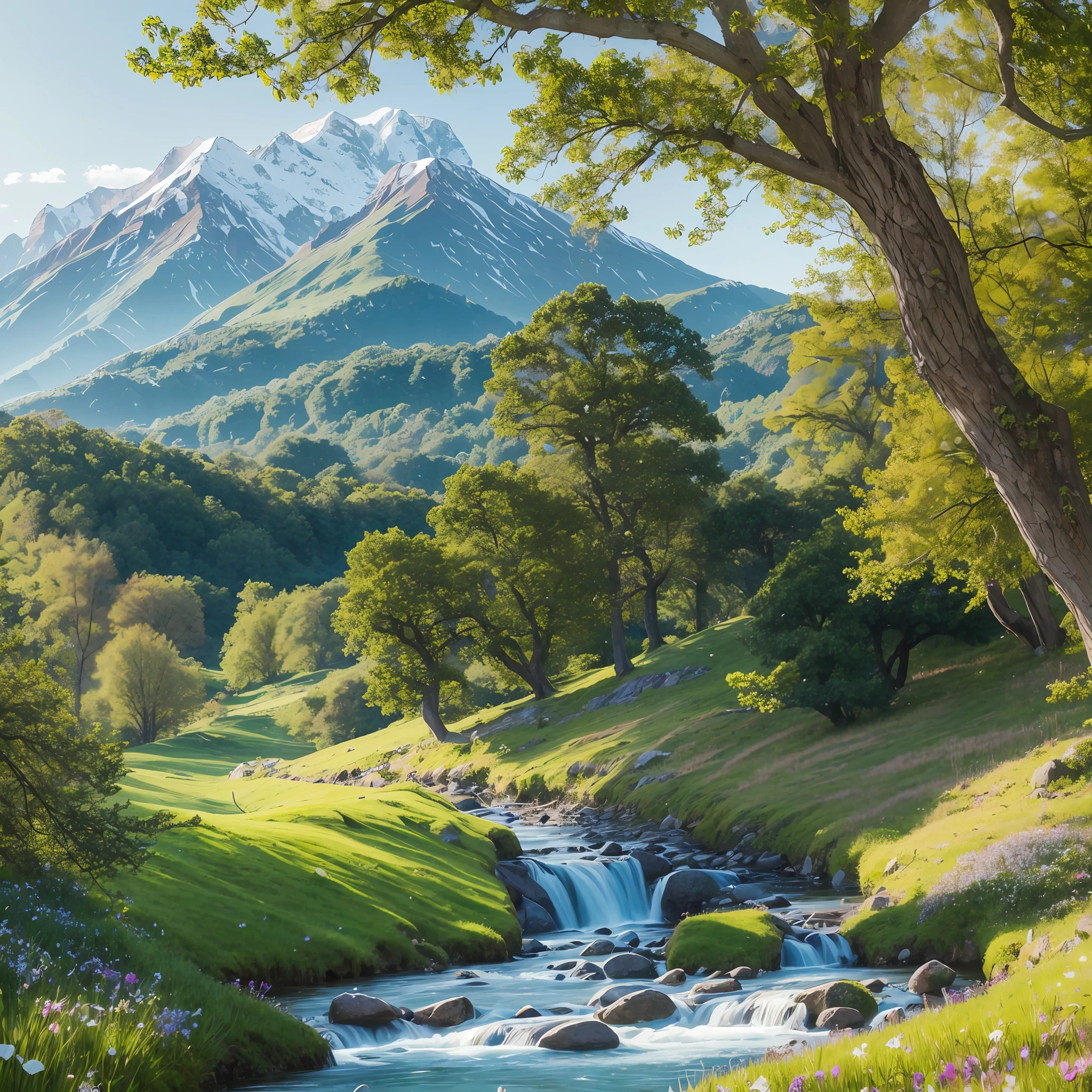 A serene, emerald-green meadow stretches out as far as the eye can see. The grass is lush and vibrant, swaying gently in the breeze. In the center of the meadow stands an ancient, gnarled tree with sprawling branches that reach towards the sky. The tree is majestic and wise, its trunk adorned with moss and small, colorful flowers. Sunlight filters through the leaves, casting dappled patterns on the ground below. In the distance, majestic snow-capped mountains rise into the clear blue sky. Birds soar overhead, and a small stream winds its way through the meadow, its crystal-clear waters reflecting the beauty of the surroundings. The scene is filled with a sense of tranquility and possibility, inviting the viewer to step into this enchanting world and explore its secrets. --auto --s2