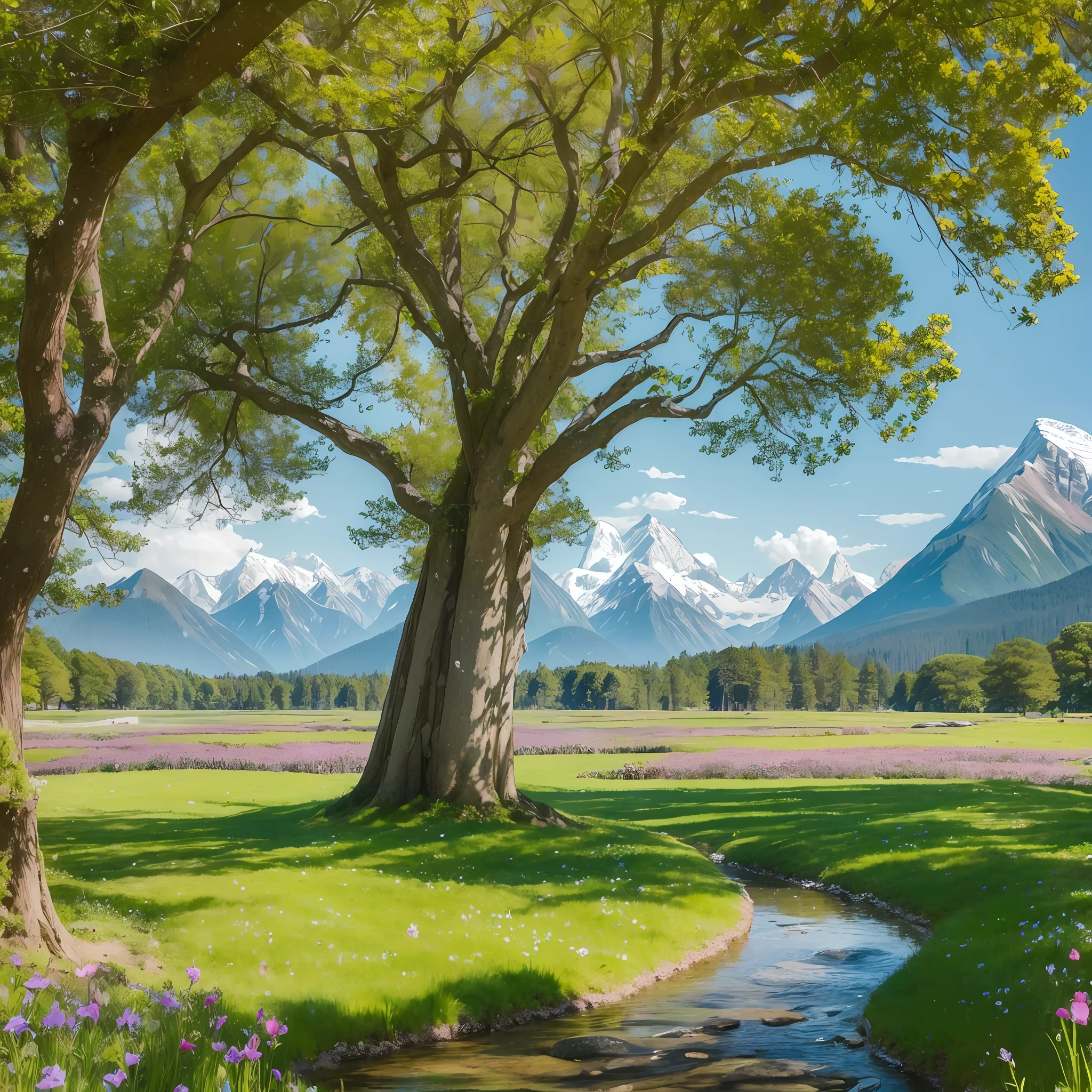 A serene, emerald-green meadow stretches out as far as the eye can see. The grass is lush and vibrant, swaying gently in the breeze. In the center of the meadow stands an ancient, gnarled tree with sprawling branches that reach towards the sky. The tree is majestic and wise, its trunk adorned with moss and small, colorful flowers. Sunlight filters through the leaves, casting dappled patterns on the ground below. In the distance, majestic snow-capped mountains rise into the clear blue sky. Birds soar overhead, and a small stream winds its way through the meadow, its crystal-clear waters reflecting the beauty of the surroundings. The scene is filled with a sense of tranquility and possibility, inviting the viewer to step into this enchanting world and explore its secrets. --auto --s2