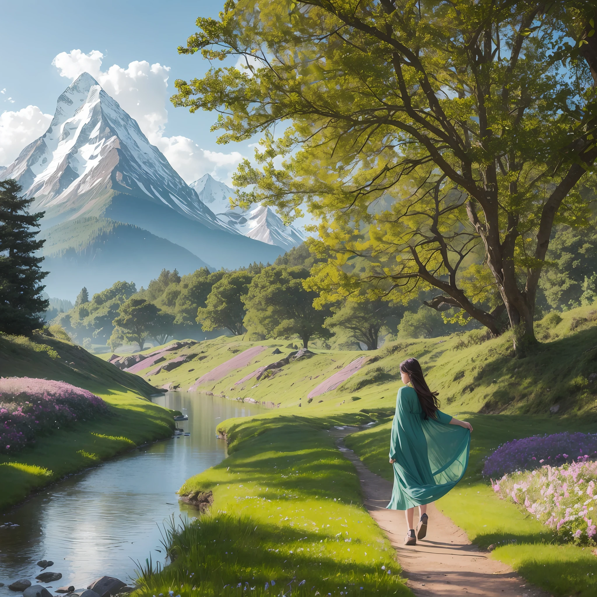 A serene, emerald-green meadow stretches out as far as the eye can see. The grass is lush and vibrant, swaying gently in the breeze. In the center of the meadow stands an ancient, gnarled tree with sprawling branches that reach towards the sky. The tree is majestic and wise, its trunk adorned with moss and small, colorful flowers. Sunlight filters through the leaves, casting dappled patterns on the ground below. In the distance, majestic snow-capped mountains rise into the clear blue sky. Birds soar overhead, and a small stream winds its way through the meadow, its crystal-clear waters reflecting the beauty of the surroundings. The scene is filled with a sense of tranquility and possibility, inviting the viewer to step into this enchanting world and explore its secrets. --auto --s2
