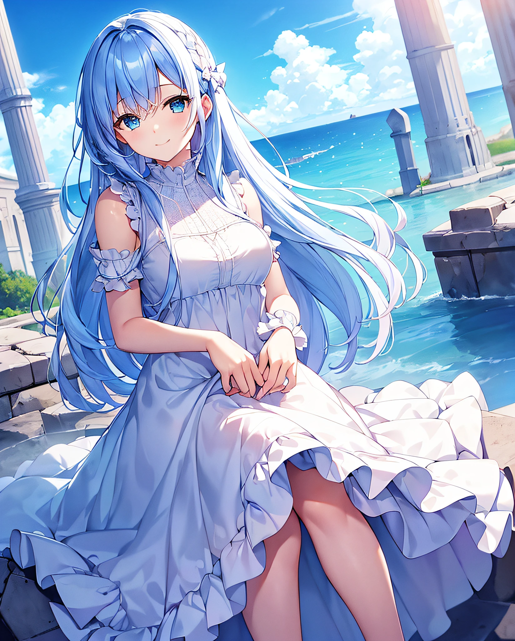 ((best quality, masterpiece)), blue ruffled dress, white leggings, ruins, blue sky, light pink hair, long hair, blue eyes, alone, smiling, sitting