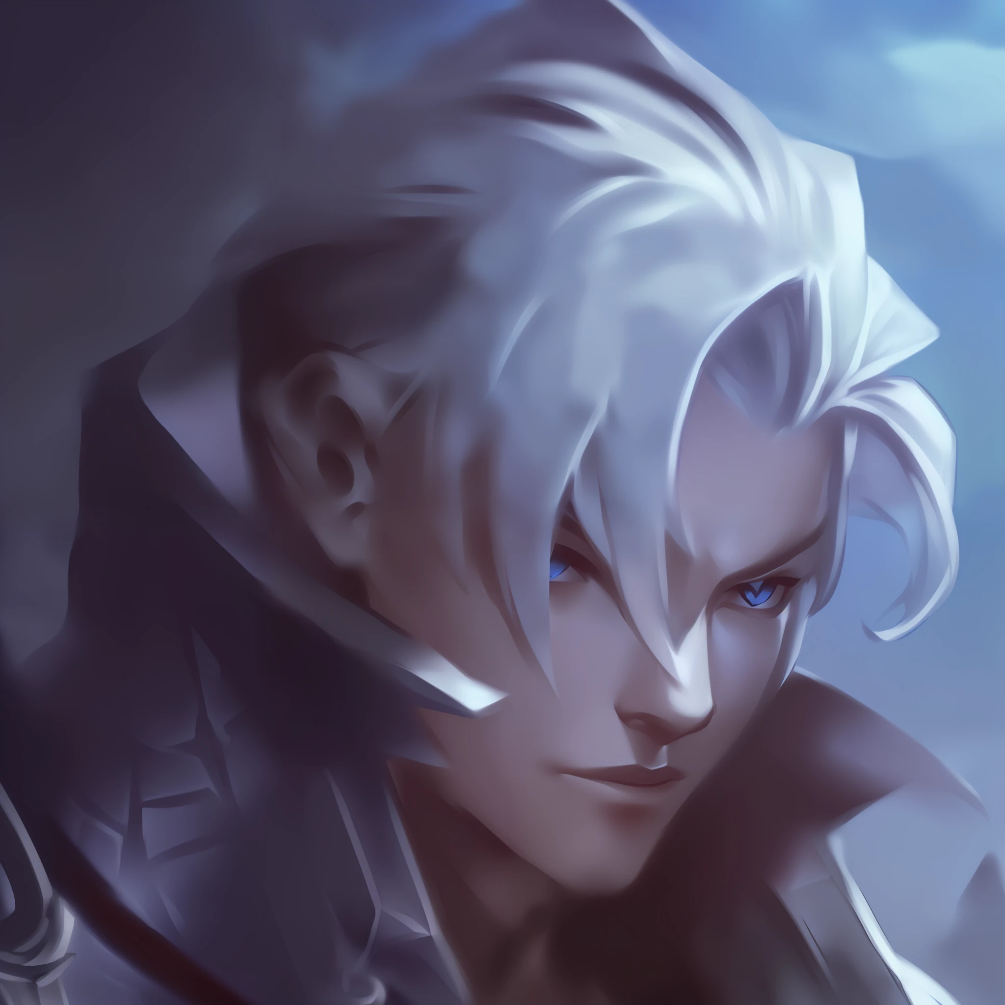 Close-up Ephaelius, League of Legends character, calm face, white hair flying, sword tip slightly raised, proud and cold expression, XQC style, iconic character art, exuding strong heroic charm, League of Legends arcane elements, wild rift meadow background, high saturation of the picture