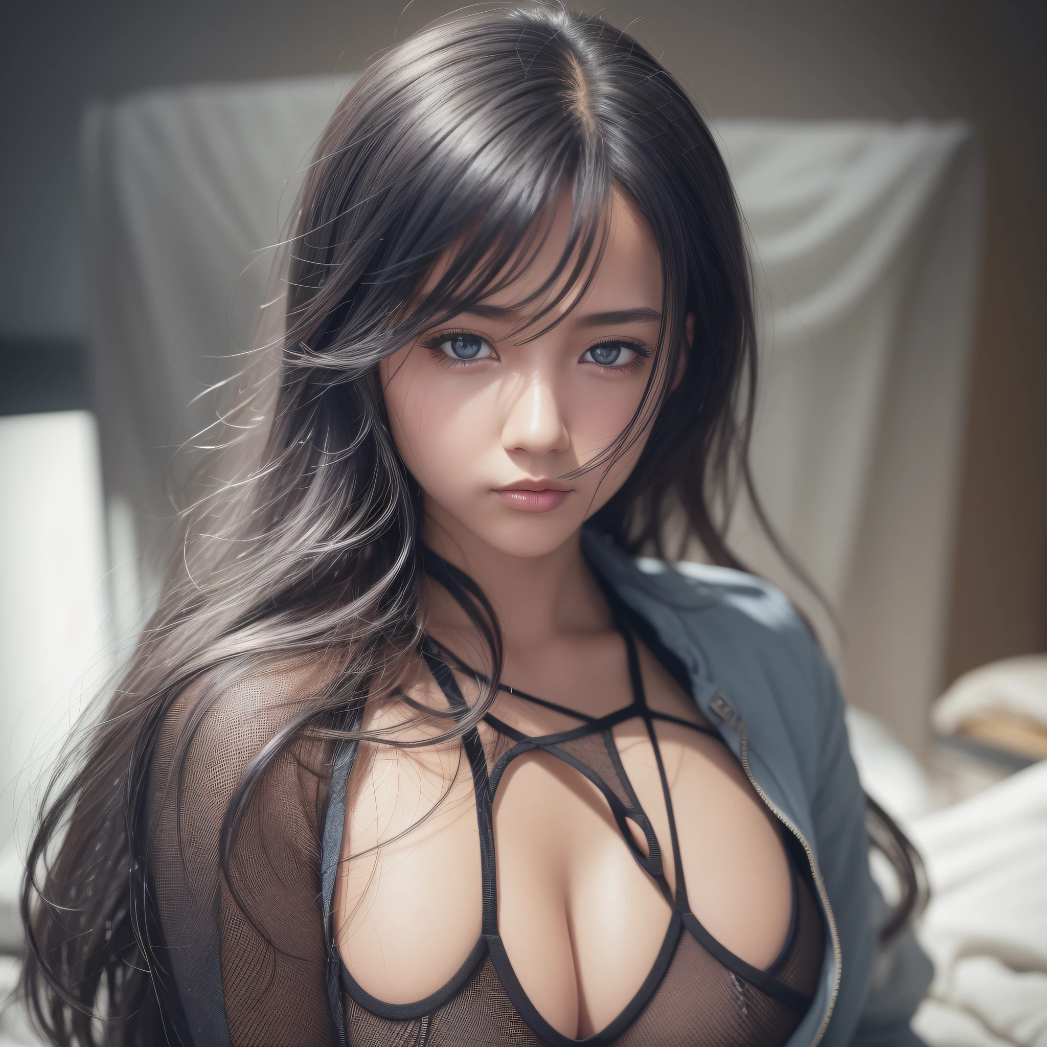 Hinata ultra realistic version, sweaty skin, unbuttoned jacket, very short black lace shorts, big breasts, bluish hair, light gray eyes, white skin, sad look, bedroom with bed and likes, Sony R7 camera f1.6 lens, extremely detailed , fine details, rich colors, human skin texture, realistic hyper realistic, dramatic lighting, cinestill 800 tungsten, looking at viewer, realistic photo, RAW photo, TanvirTamim, high quality, high resolution, sharp focus, extremely detailed, cinematic lighting , 8k uhd