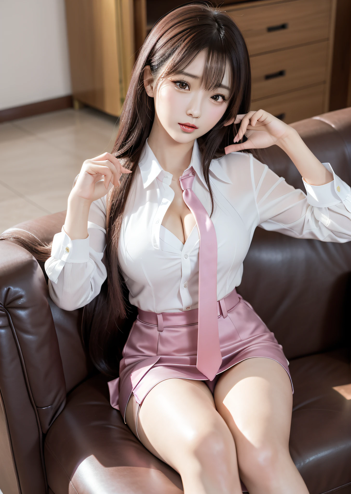 there is a woman sitting on a couch with a pink tie, gorgeous chinese model, very sexy outfit, japanese goddess, fully dressed, korean girl, intriguing outfit, sexy outfit, gorgeous young korean woman, full body xianxia, revealing outfit, seductive anime girl, tifa lockhart, clothed in white shirt, cruel korean goth girl, sexy look