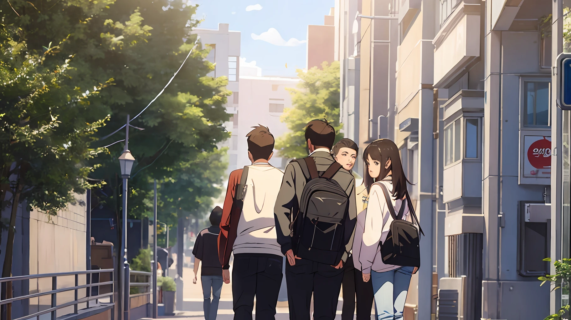 Campus background, 1 girl, 2 boys, back, --auto --s2
