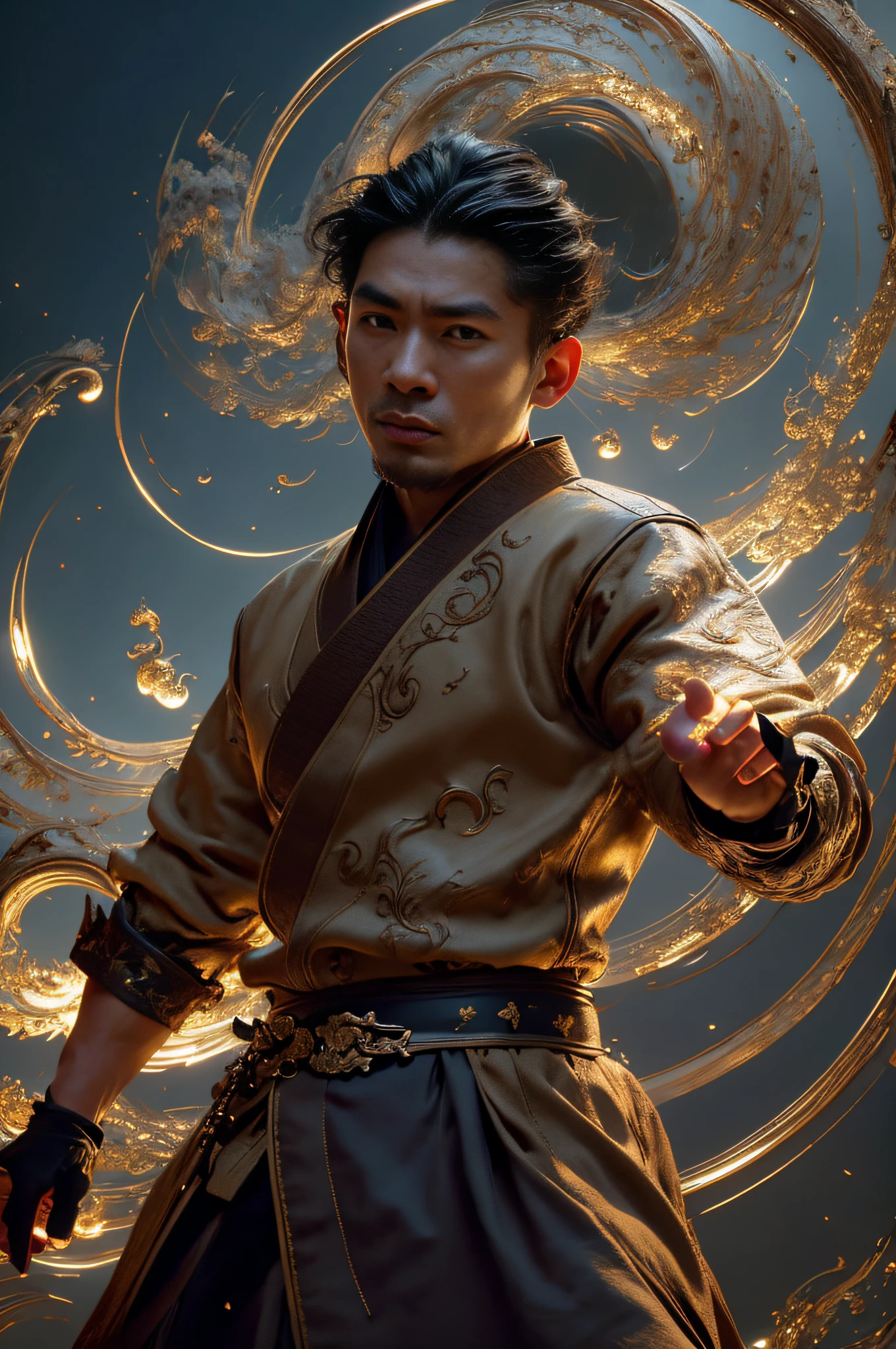 Best Quality, Masterpiece, Ultra High Resolution, (Realistic: 1.4), Xiuxian, Weapon, Detailed Face, .1 Boy, Solo, Weapon, , (Magic Circle: 1.2), Xiuxian, Upper Body, Sheath, (Absurd, High Resolution, Ultra Detailed), Asian, 1 male, eighteen-year-old boy, handsome, tall muscular man, broad shoulders, very short hair, bottom cut, dark brown eyes, fine eyes and detailed face, extremely detailed CG Unity 8k wallpaper, intricate details, (style swirl magic: 0.7), looking at the audience, solo, (full body: 0.8), detailed background, detailed face, hair fluttering in the wind, martial artist, dynamic pose, fighting stance, clenched fist, fingerless gloves, wristband, dragon theme costume, monk robe, alpine mountain background, rotating floating particles, dynamic composition, hanfu, jinshan, jinshan background, jinshan, golden water, golden water flowing, big muscles