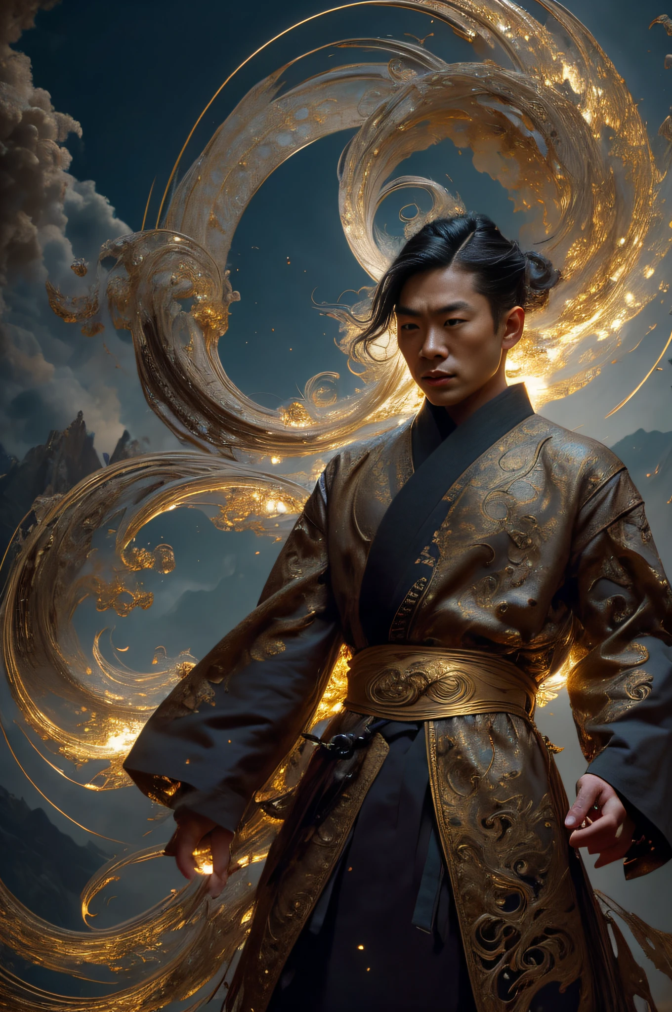 Best Quality, Masterpiece, Ultra High Resolution, (Realistic: 1.4), Xiuxian, Weapon, Detailed Face, .1 Boy, Solo, Weapon, , (Magic Circle: 1.2), Xiuxian, Upper Body, Sheath, (Absurd, High Resolution, Ultra Detailed), Asian, 1 male, eighteen-year-old boy, handsome, tall muscular man, broad shoulders, very short hair, bottom cut, dark brown eyes, fine eyes and detailed face, extremely detailed CG Unity 8k wallpaper, intricate details, (style swirl magic: 0.7), looking at the audience, solo, (full body: 0.8), detailed background, detailed face, hair fluttering in the wind, martial artist, dynamic pose, fighting stance, clenched fist, fingerless gloves, wristband, dragon theme costume, monk robe, alpine mountain background, rotating floating particles, dynamic composition, hanfu, jinshan, jinshan background, jinshan, golden water, golden water flowing, big muscles