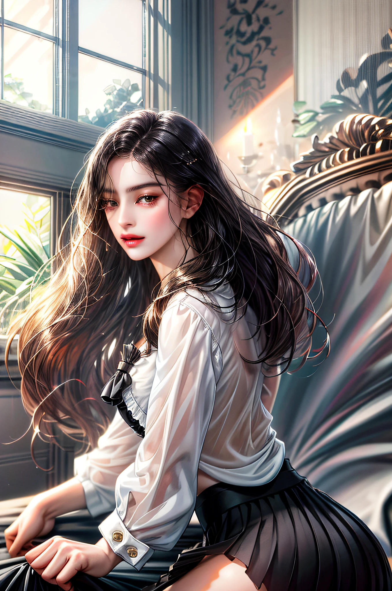 Girl with long straight black hair and brown eyes, beautiful, thin, flat, tall, may be wearing a businessman's uniform, one with long hair, the other with short women, ((white sheer blouse, black mini skirt)), underwear bitten, sexy pose, lower body slender, back figure, gaze by the window, buttocks sticking out, on all fours, buttocks facing away, provocative